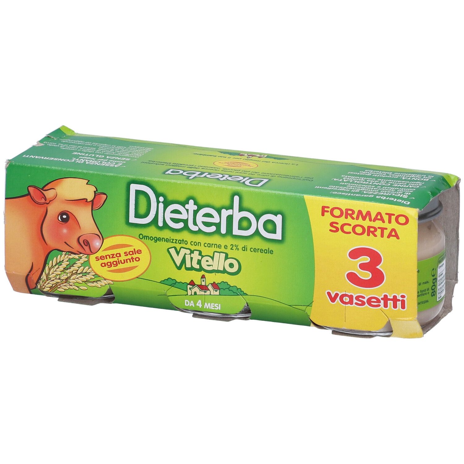 Dreierpack Babybrei 'Vitello' von Dieterba, Kalbfleisch mit Getreide, ohne Salz.