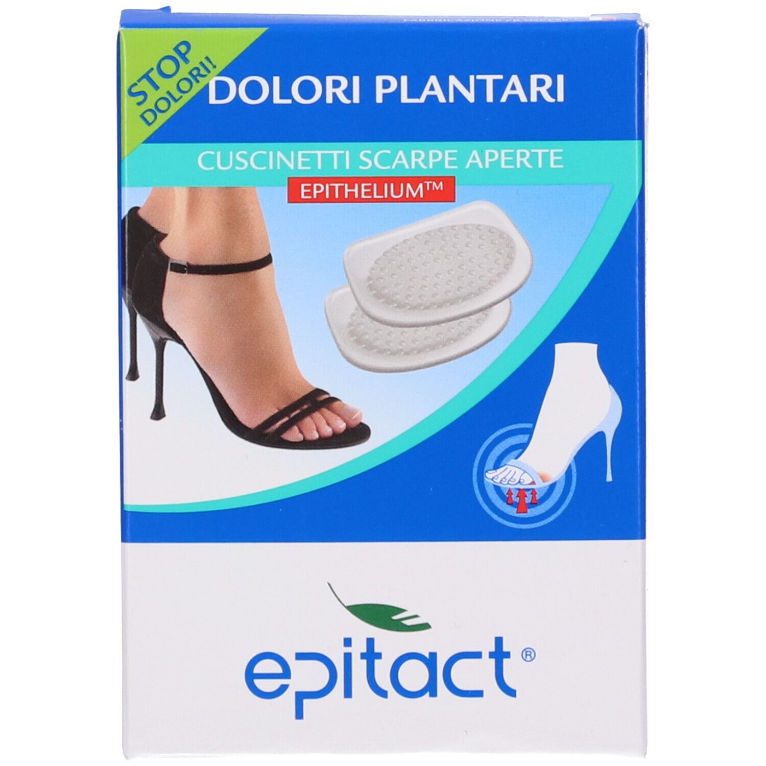 Confezione Epitact Dolori Plantari Cuscunetti. Immagine e nome del prodotto. Colori blu e bianco. Logo Epithelium.