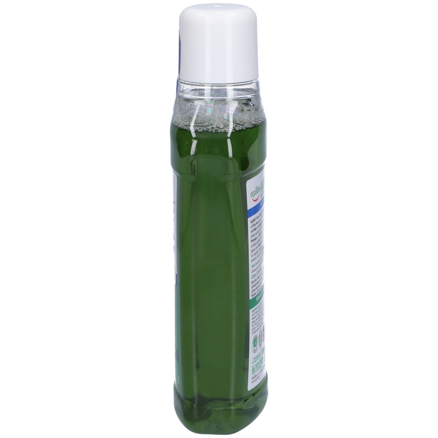 Vista laterale di una bottiglia trasparente con liquido verde. Tappo bianco. Informazioni testuali sulla bottiglia.