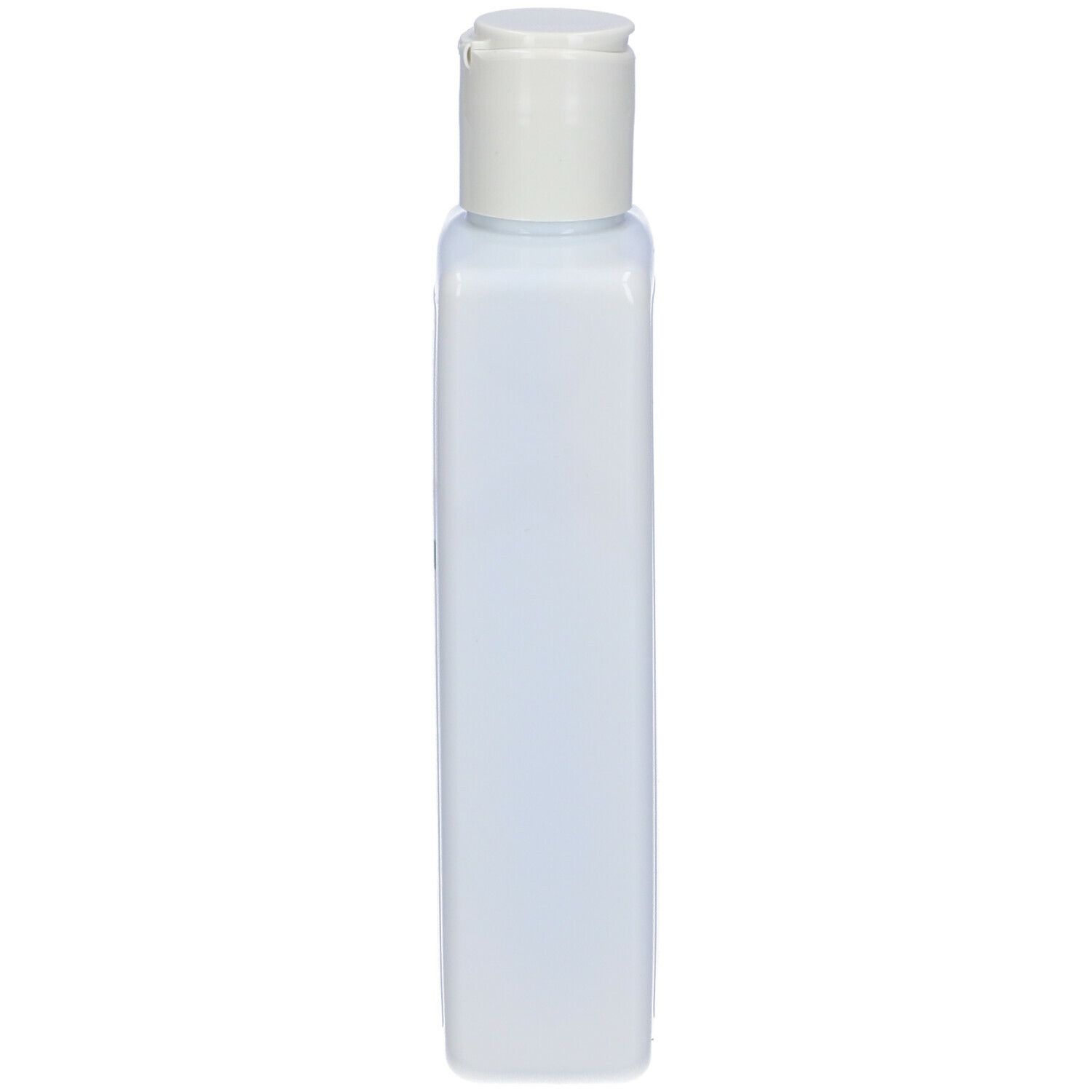 Flacone bianco sottile con tappo bianco. Forma quadrata. Etichetta del prodotto non visibile.