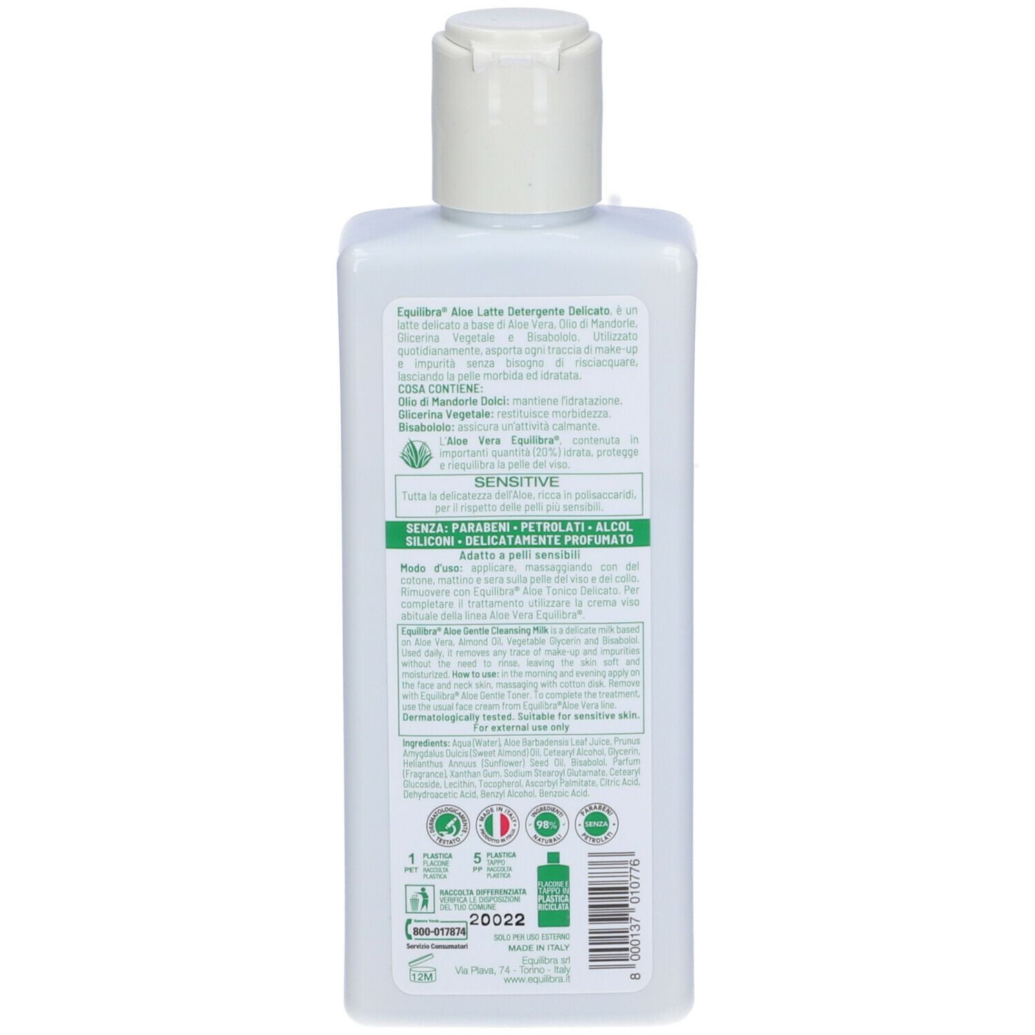 Retro del flacone bianco. Testo in italiano. Contiene informazioni sugli ingredienti e l'uso.