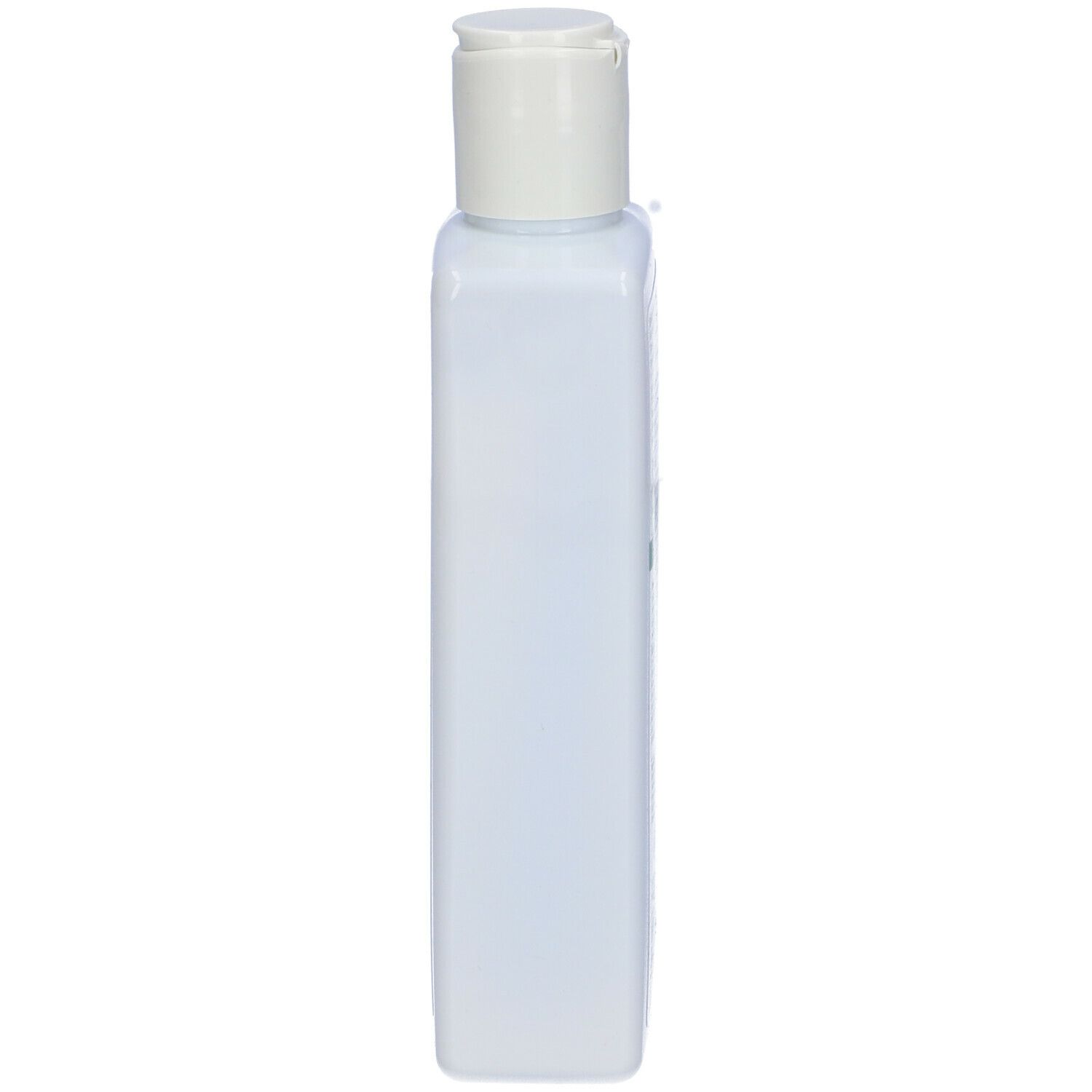Flacone bianco sottile con tappo bianco. Forma quadrata. Etichetta del prodotto non visibile.