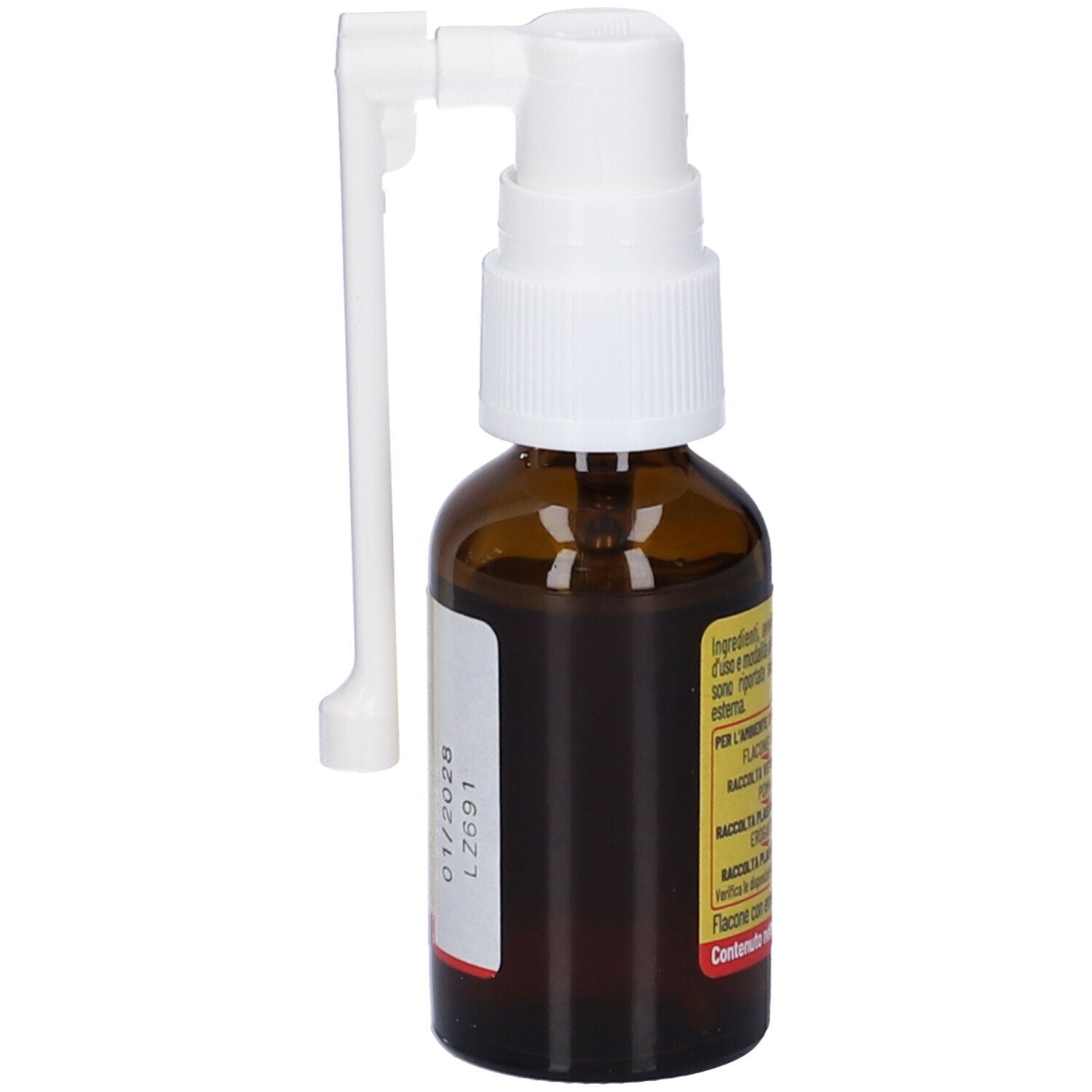 Braune Glasflasche mit weißem Sprühkopf und Applikator. Gelbes Etikett mit Produktinformationen. Text: Propoli Spray Gola.