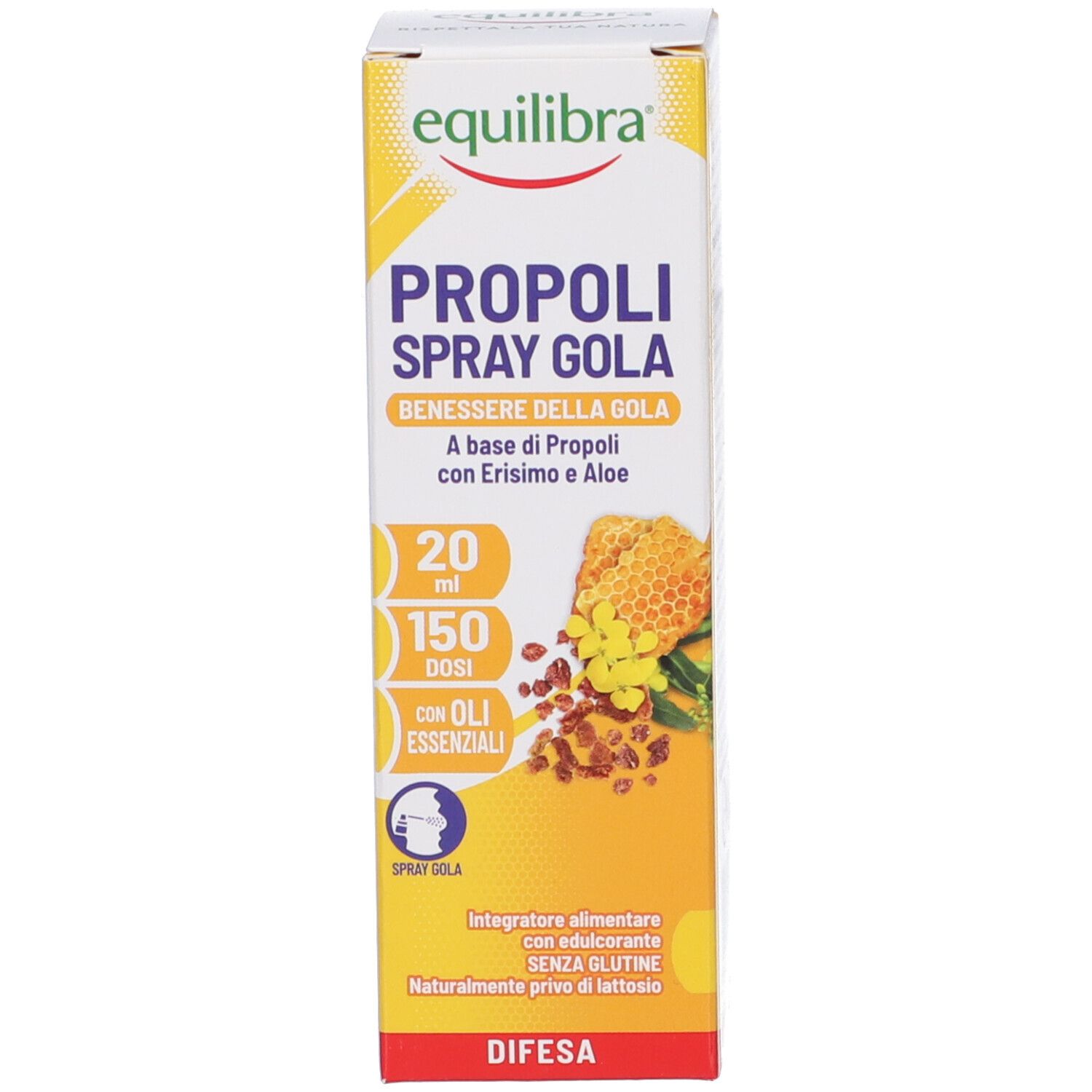 Gelbe Produktverpackung mit Produktnamen und Marke Equilibra®. Text: Propoli Spray Gola. Abbildung von Bienenwabe.