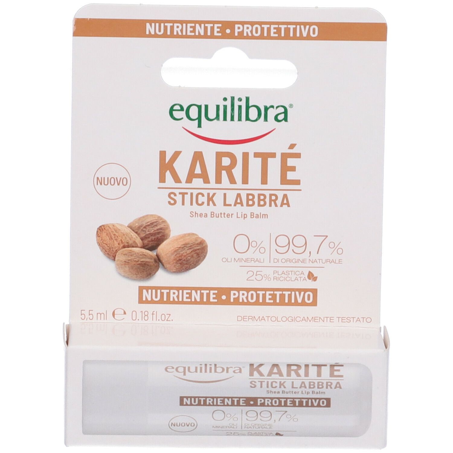 Stick Labbra Karité. Confezione con balsamo labbra, nome prodotto e informazioni. 5,5 ml.