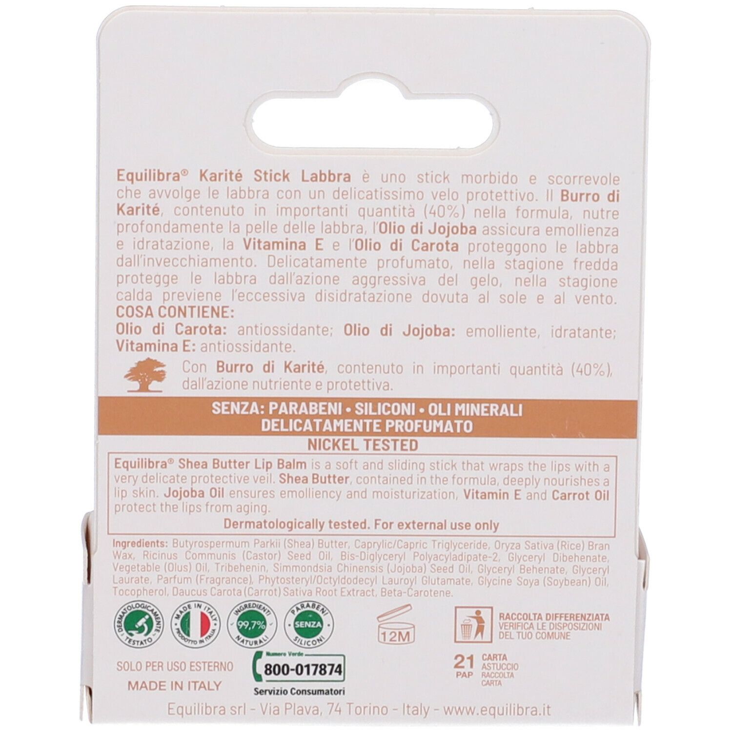 Retro della confezione. Testo con ingredienti, istruzioni per l'uso e certificazioni.
