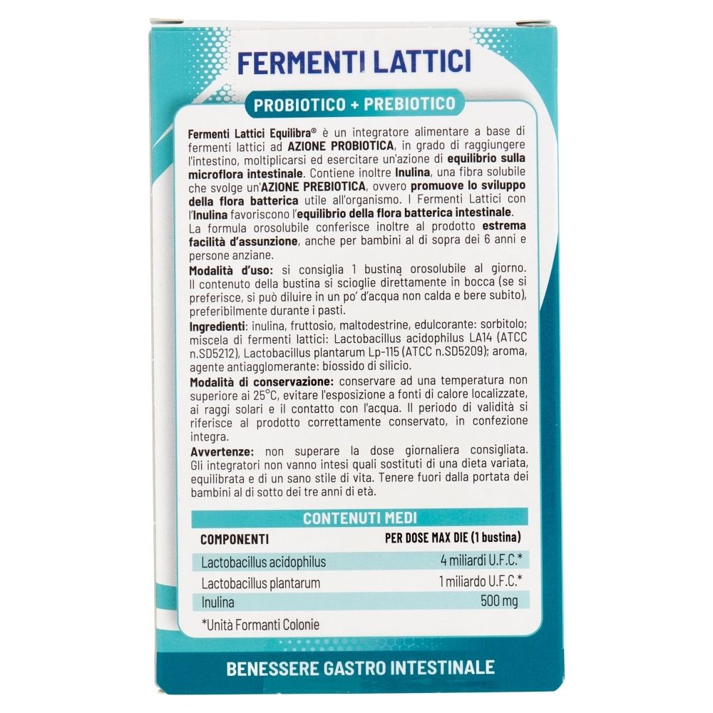 Rückseite der Verpackung von Equilibra® Fermenti Lattici. Enthält Informationen zu Inhaltsstoffen und Anwendung.