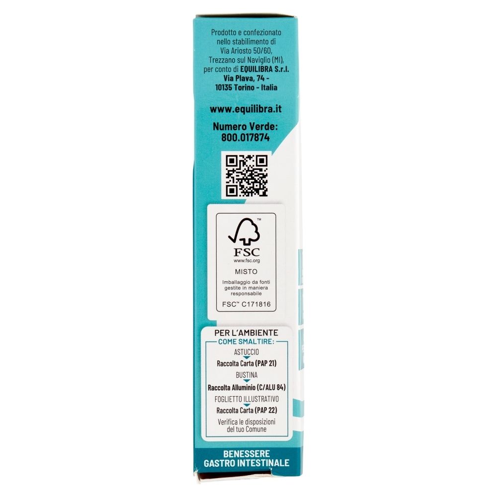 Seite der Verpackung von Equilibra® Fermenti Lattici. Enthält Kontaktinformationen und FSC-Zertifizierung.
