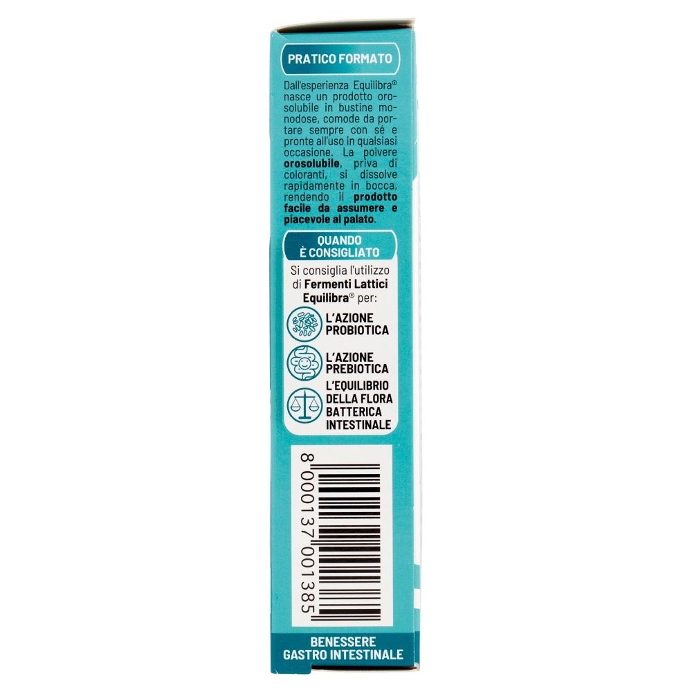 Seite der Verpackung von Equilibra® Fermenti Lattici. Beschreibt das Produkt und seine Vorteile.