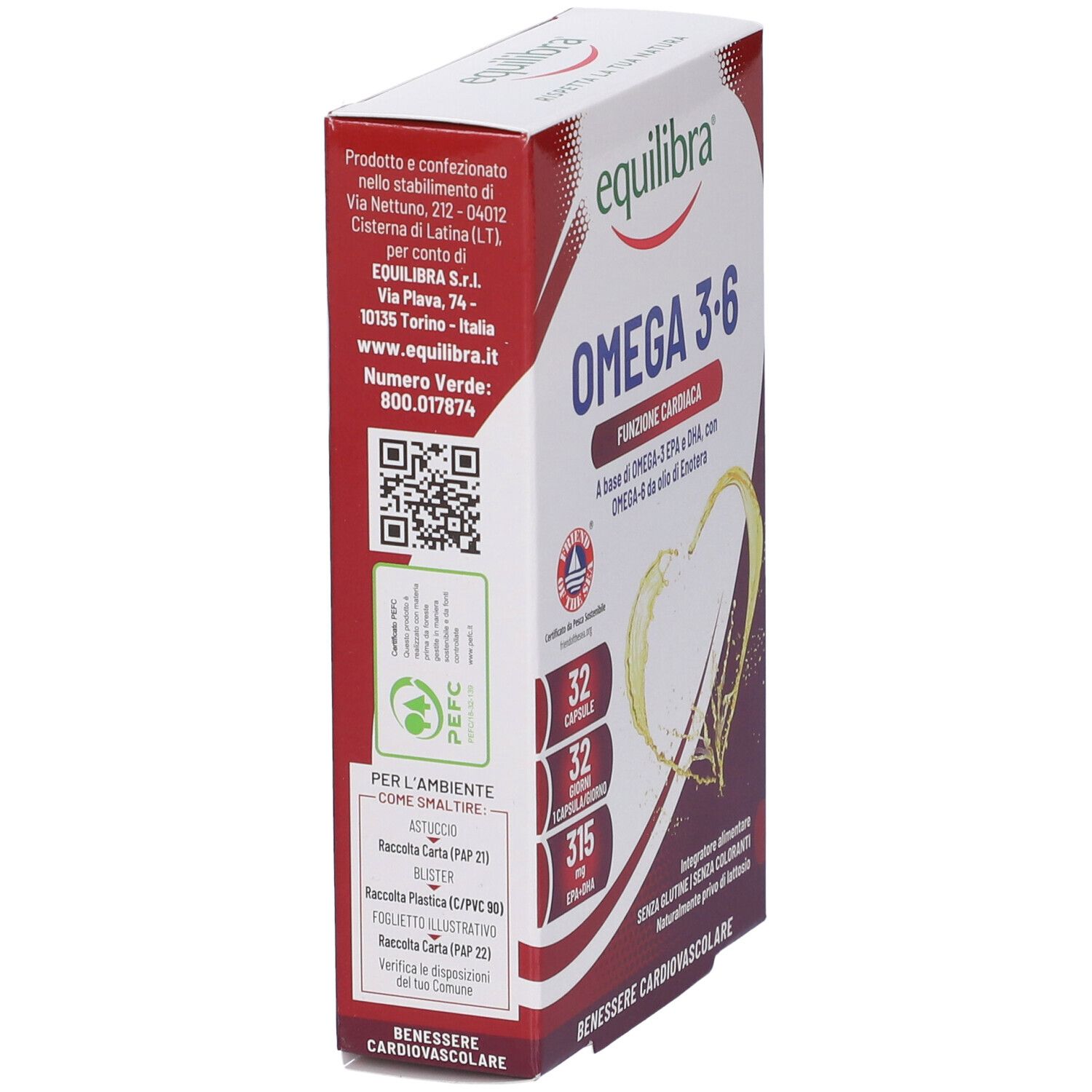 Seitenansicht der Verpackung von Equilibra Omega 3-6. Rote und weiße Schachtel mit Text und QR-Code.