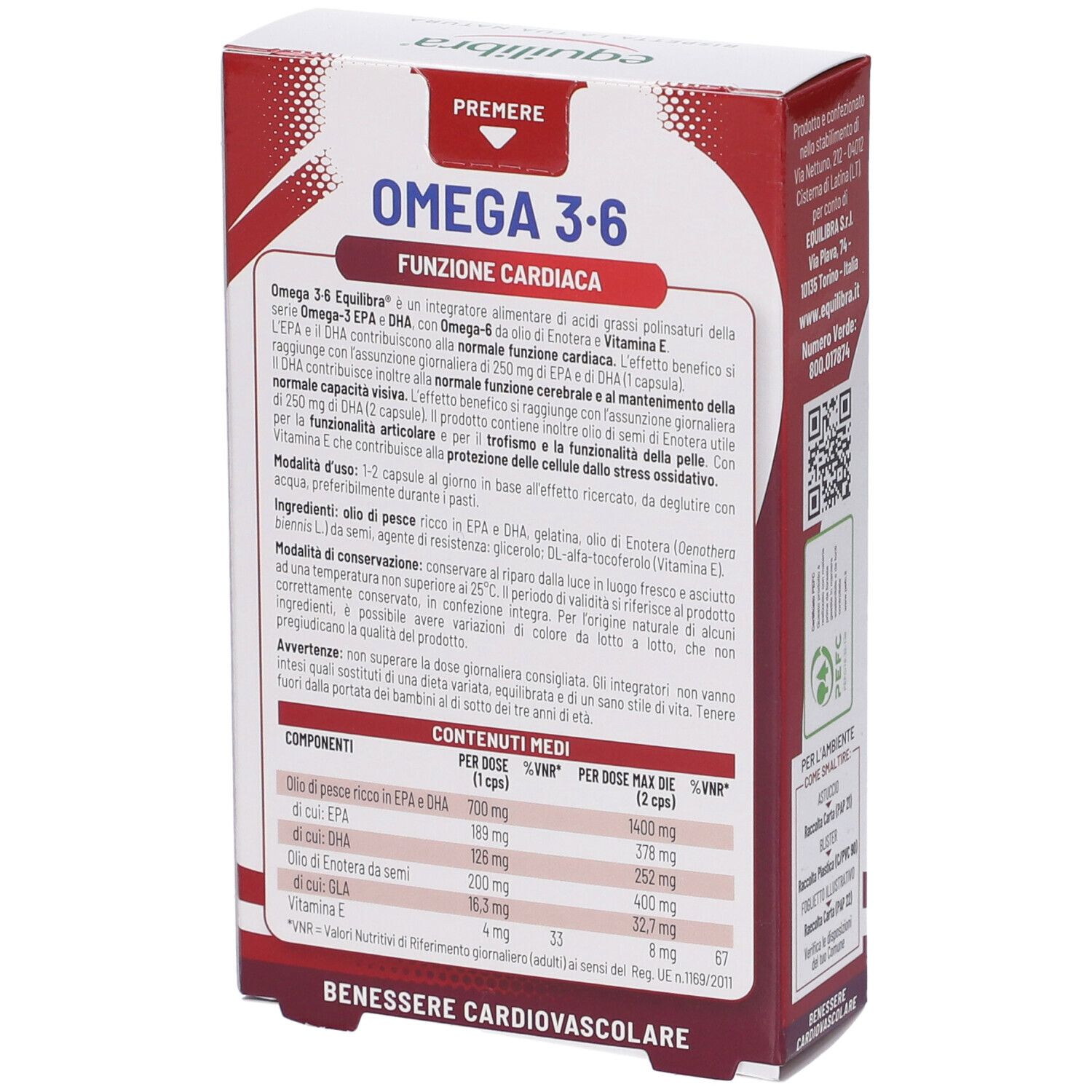 Rückseite der Verpackung von Equilibra Omega 3-6. Enthält Informationen zu Inhaltsstoffen und Nährwerten.