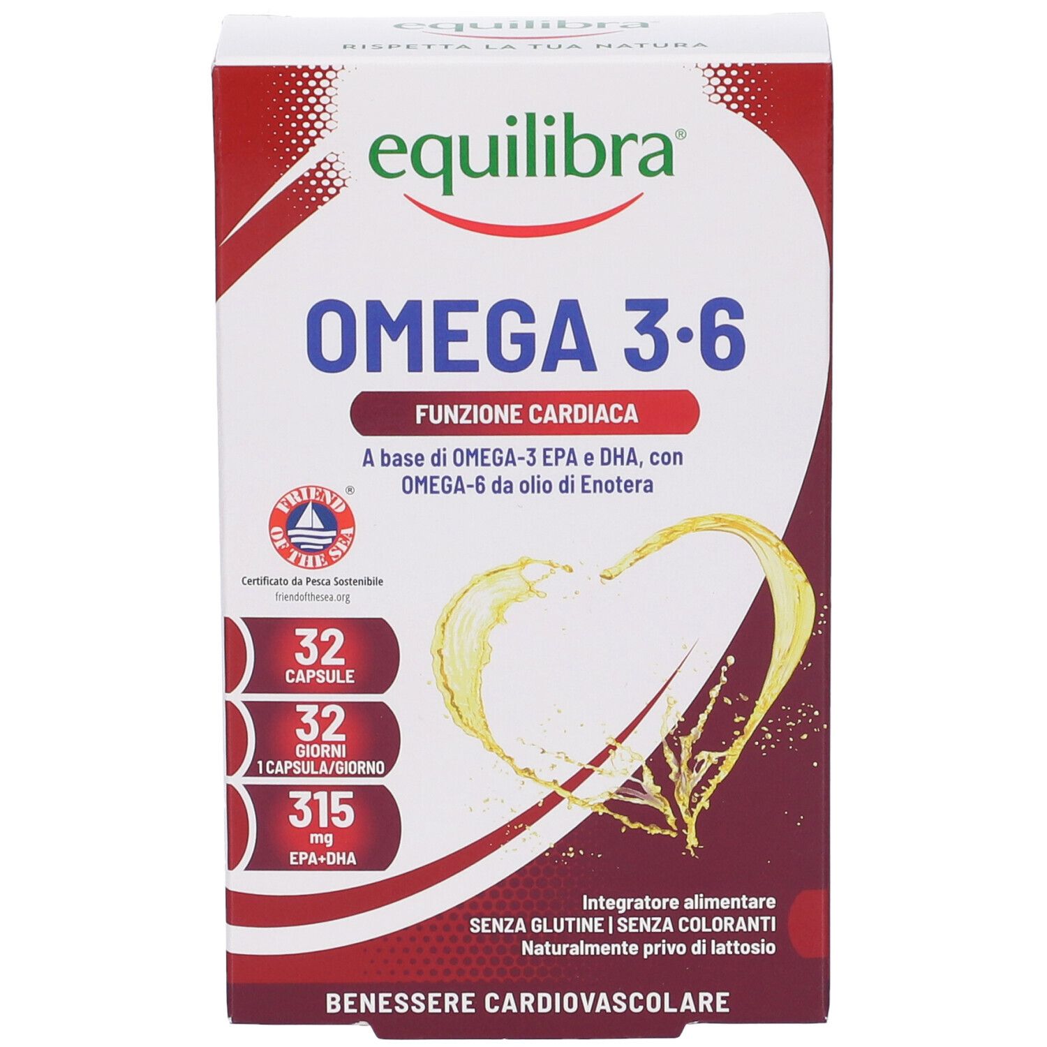 Verpackung von Equilibra Omega 3-6. Rote und weiße Schachtel mit Produktnamen und Inhaltsangaben. Herz-Grafik.