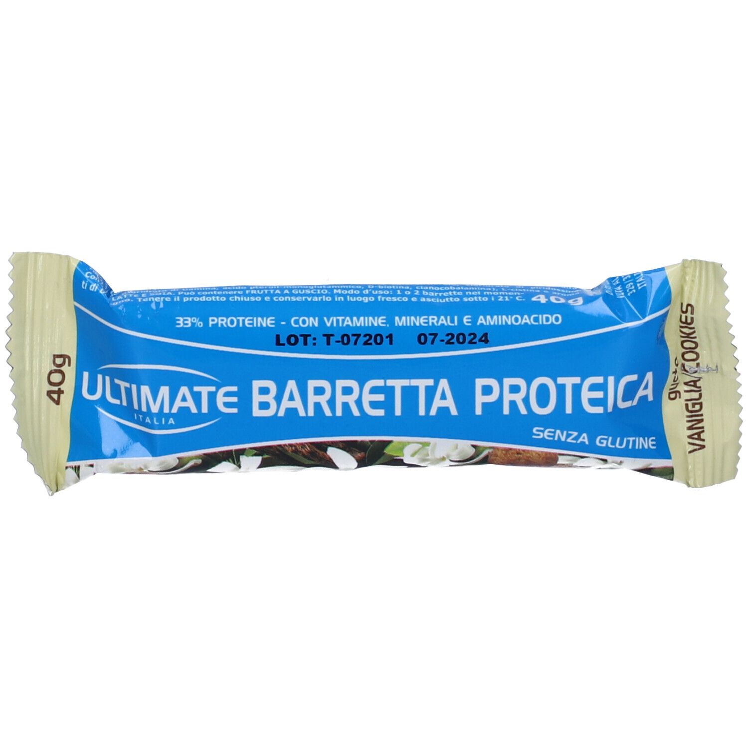 Barretta proteica, confezione blu e bianca. Testo: Ultimate Barretta Proteica, Vaniglia Cookies, Senza Glutine. 40g. Testo: 33% Proteine.