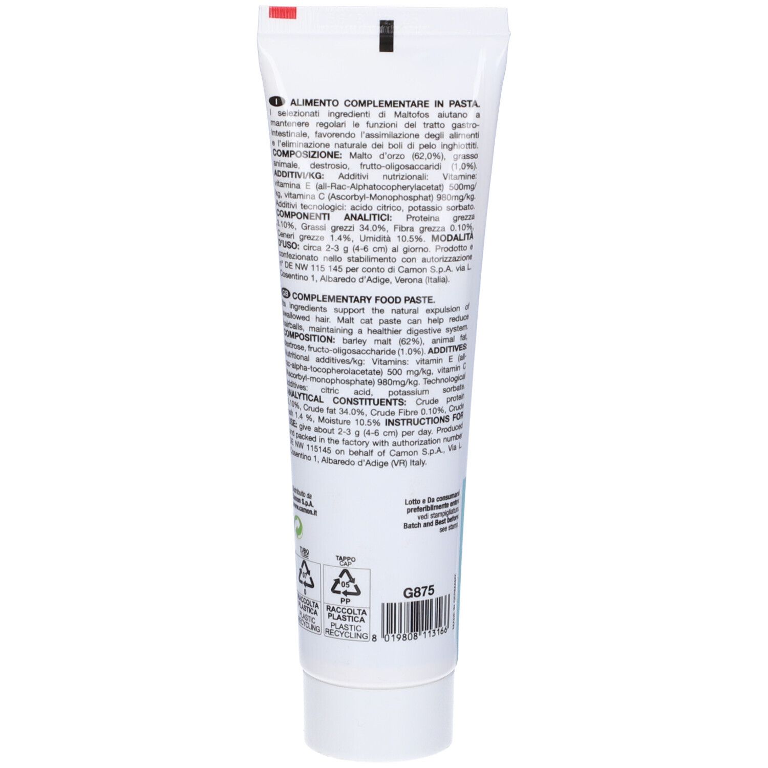 Rückseite der Tube Camon Maltofos Pasta. Text in mehreren Sprachen. Grüner Punkt. Recycling-Symbole.
