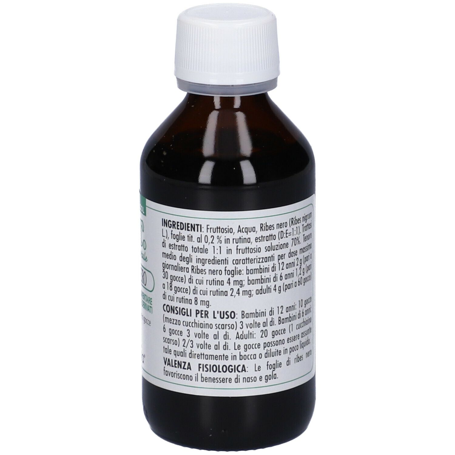 Flacone di vetro marrone con tappo bianco. Etichetta con informazioni sul prodotto. Ingredienti e istruzioni per l'uso.
