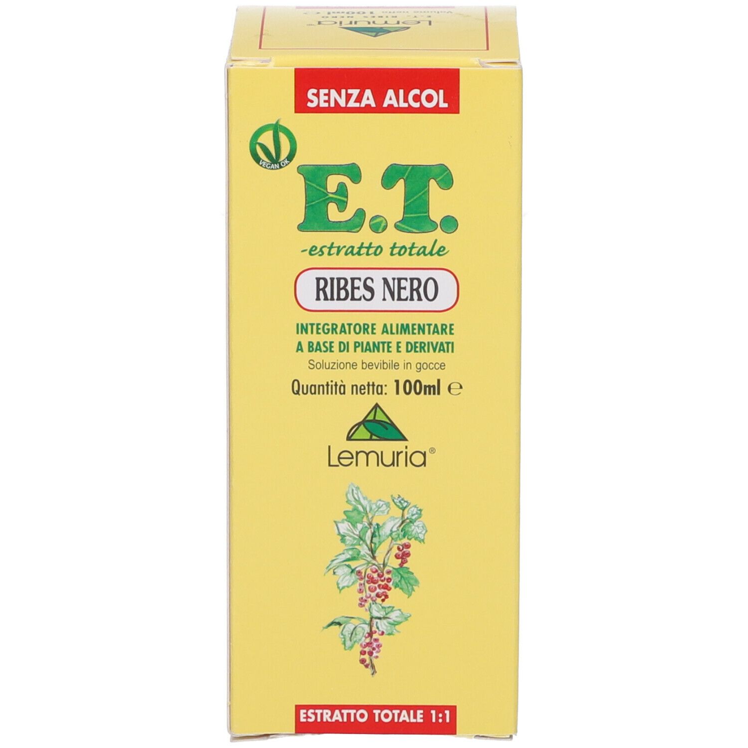 Scatola gialla con informazioni sul prodotto. Scritto: E.T. Ribes Nero, senza alcool, Lemuria.