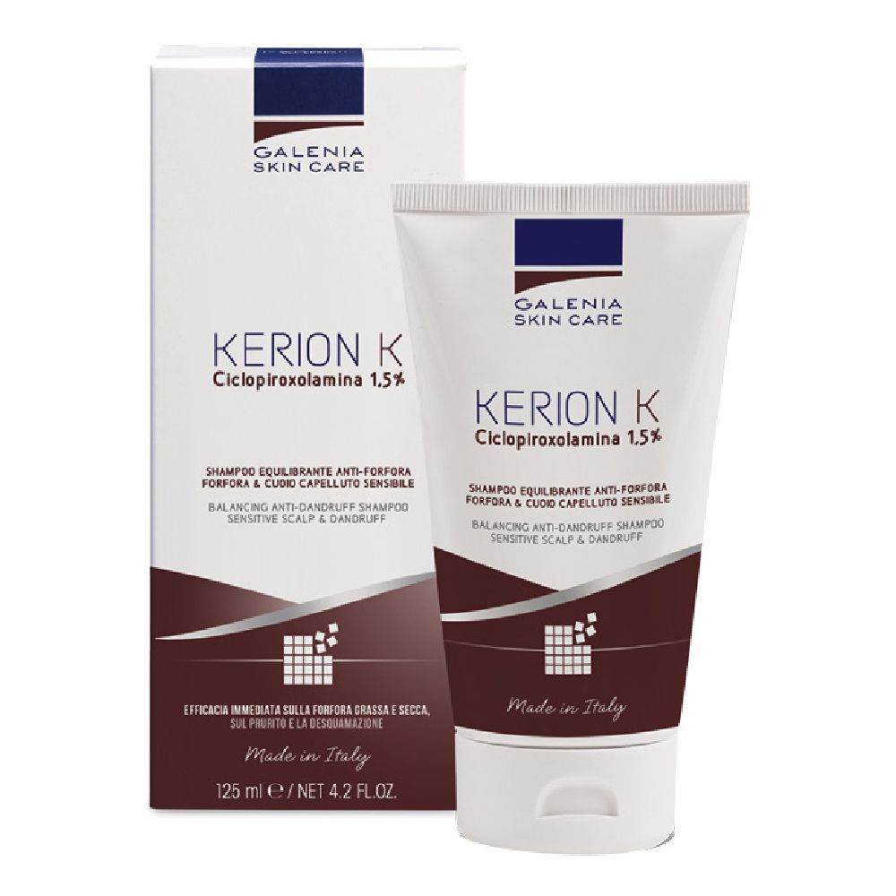 Shampoo-Tube und Karton. Aufschrift: KERION K, Ciclopiroxolamina 1,5%. Ausgleichendes Anti-Schuppen-Shampoo für empfindliche Kopfhaut.