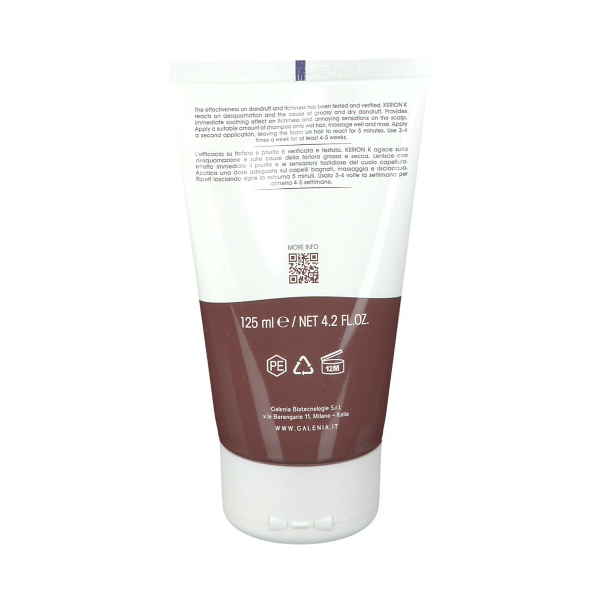 Rückseite der Shampoo-Tube. Text: 125 ml / NET 4.2 FL.OZ. QR-Code. Inhaltsstoffe und Herstellerinformationen.