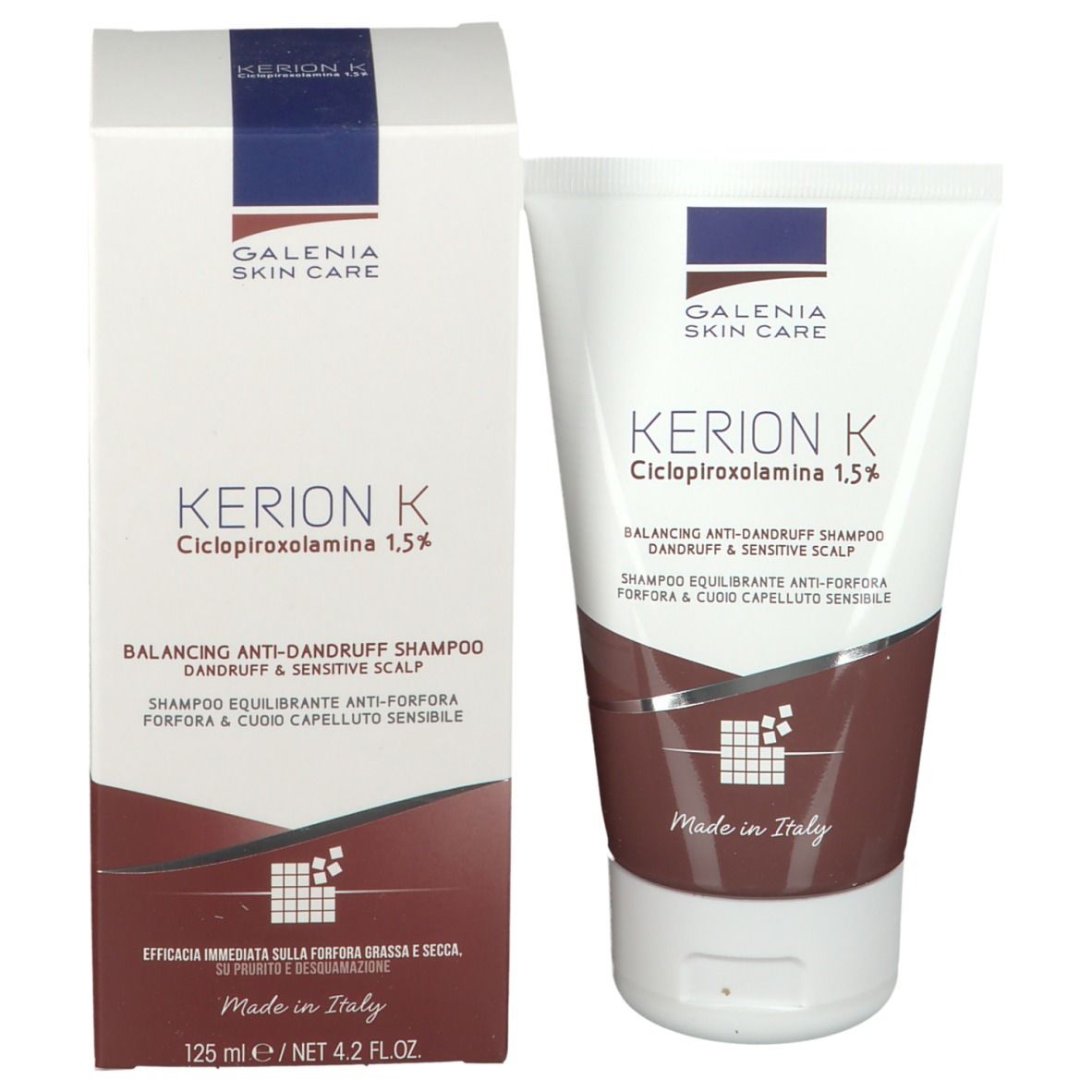Shampoo-Tube und Karton. Aufschrift: KERION K, Ciclopiroxolamina 1,5%. Ausgleichendes Anti-Schuppen-Shampoo für empfindliche Kopfhaut.