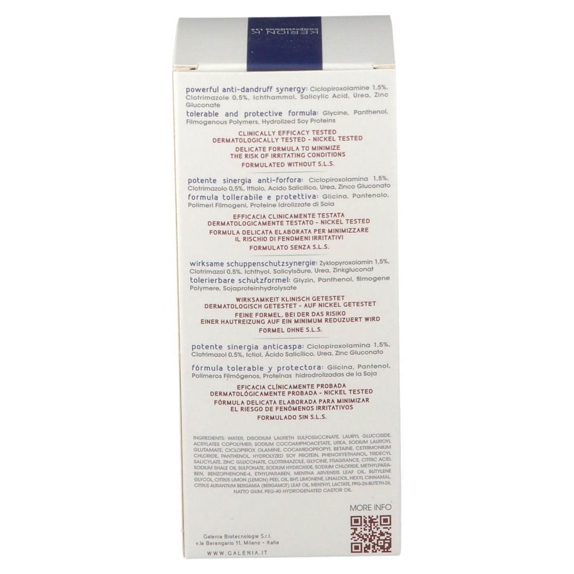 Karton. Text: Inhaltsstoffe, klinisch getestete Formel, dermatologisch getestet. Herstellerinformationen. QR-Code.
