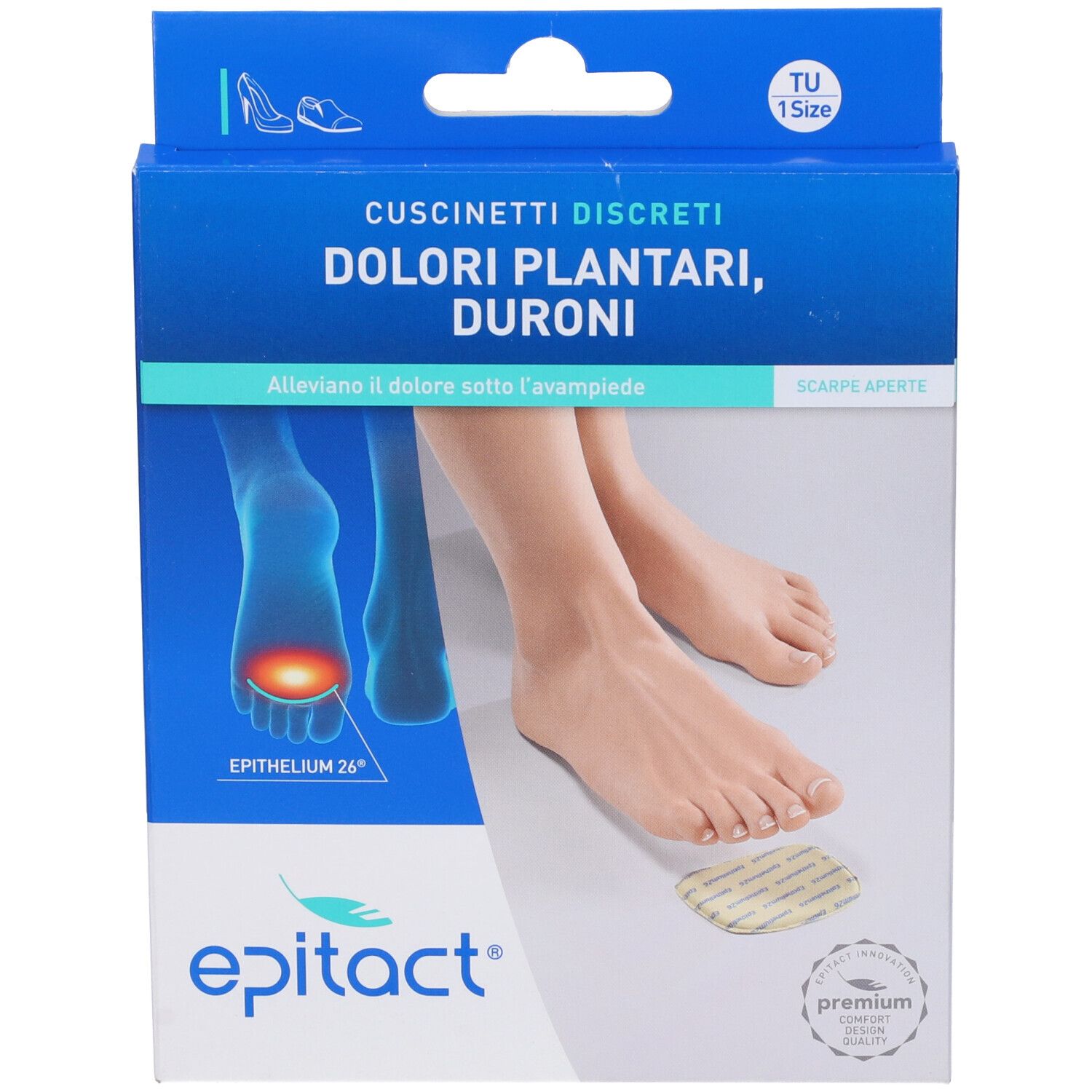 Scatola blu con immagine e testo del prodotto. Piedi con prodotto Epitact. Marchio Epitact. Testo: Cuscinetti Discreti.