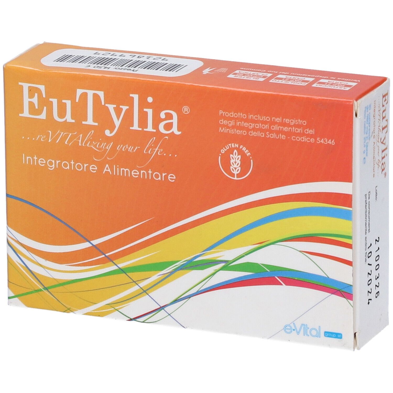 Scatola arancione con logo "EuTylia" e testo "Integratore Alimentare". Simbolo senza glutine.