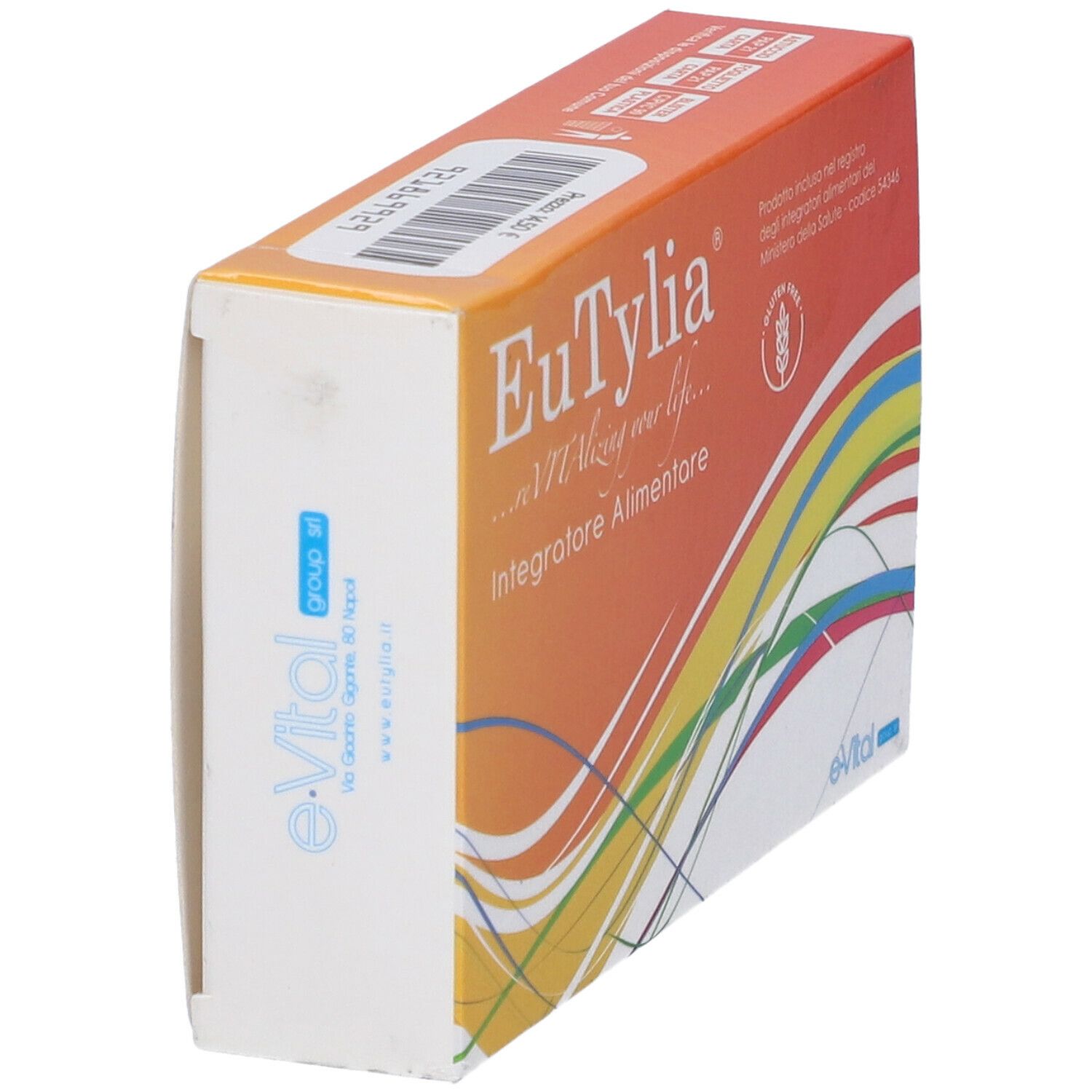 Scatola con logo "EuTylia". Sfumatura arancione a bianco. Logo e-Vital.