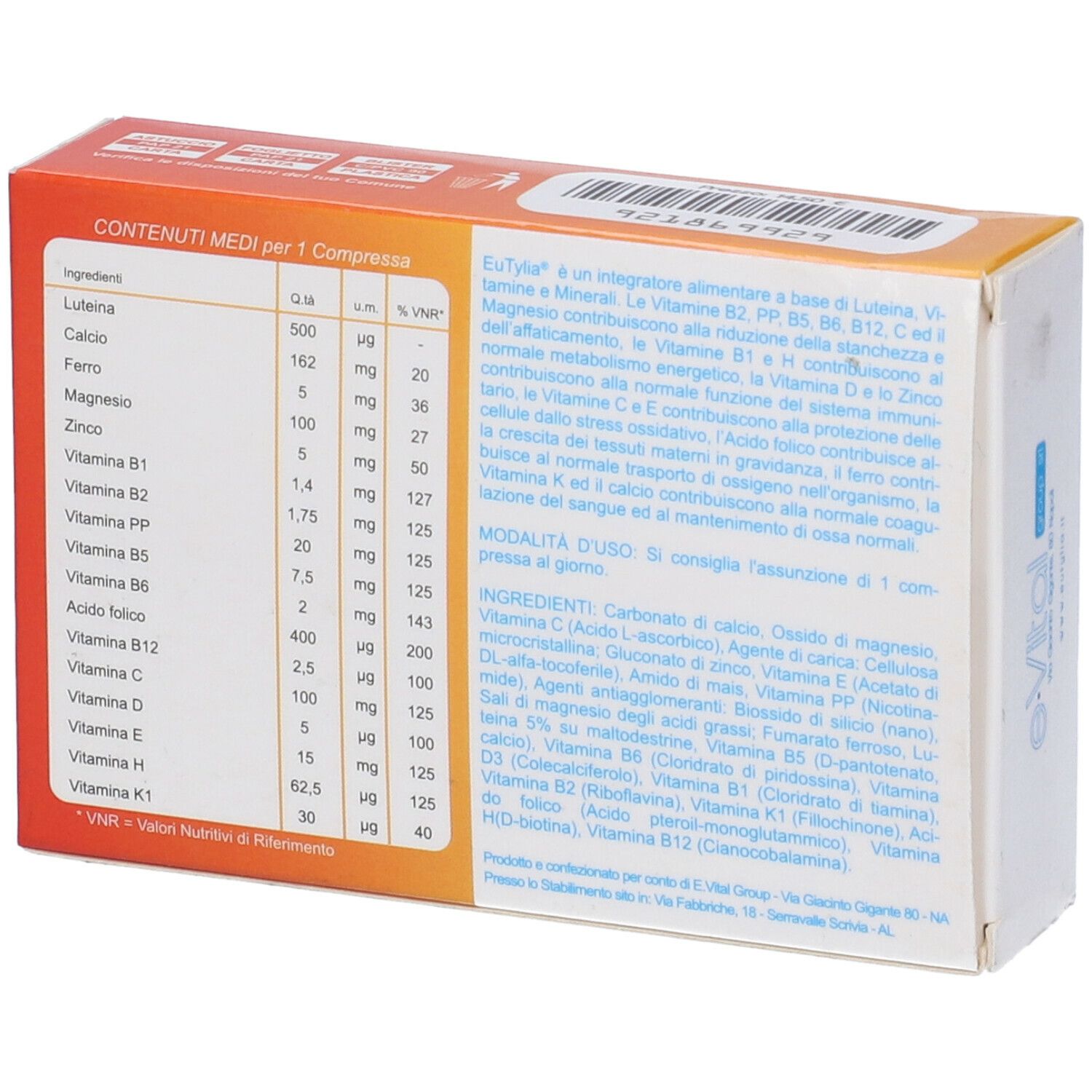 Retro della scatola con informazioni nutrizionali e ingredienti. Testo in italiano.