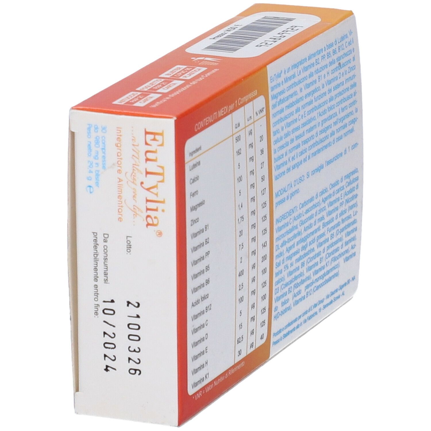 Scatola con testo in italiano. Scadenza 10/2024. Codice a barre.