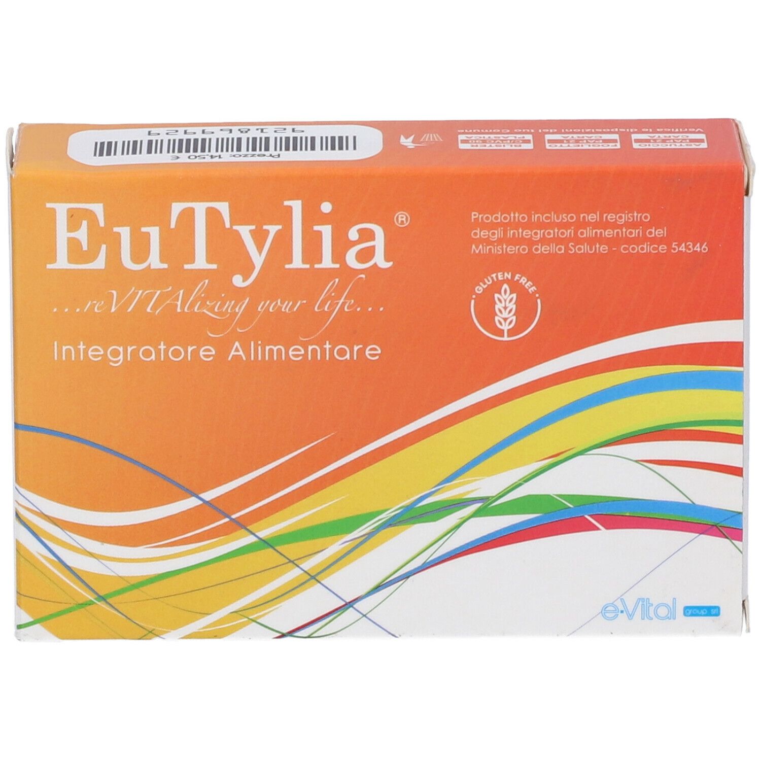 Scatola arancione con logo "EuTylia" e testo "Integratore Alimentare". Simbolo senza glutine.
