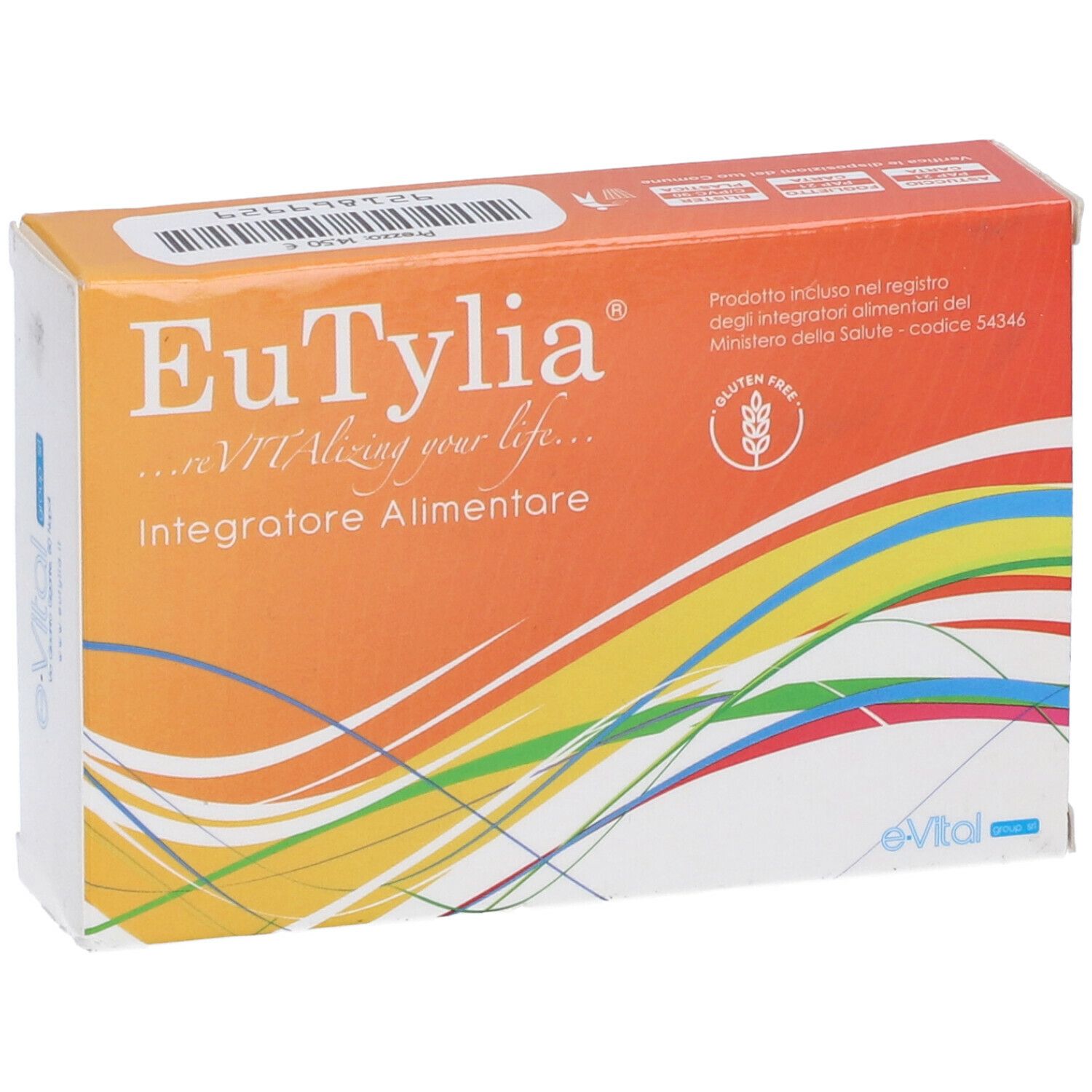 Scatola arancione con logo "EuTylia" e testo "Integratore Alimentare". Simbolo senza glutine.