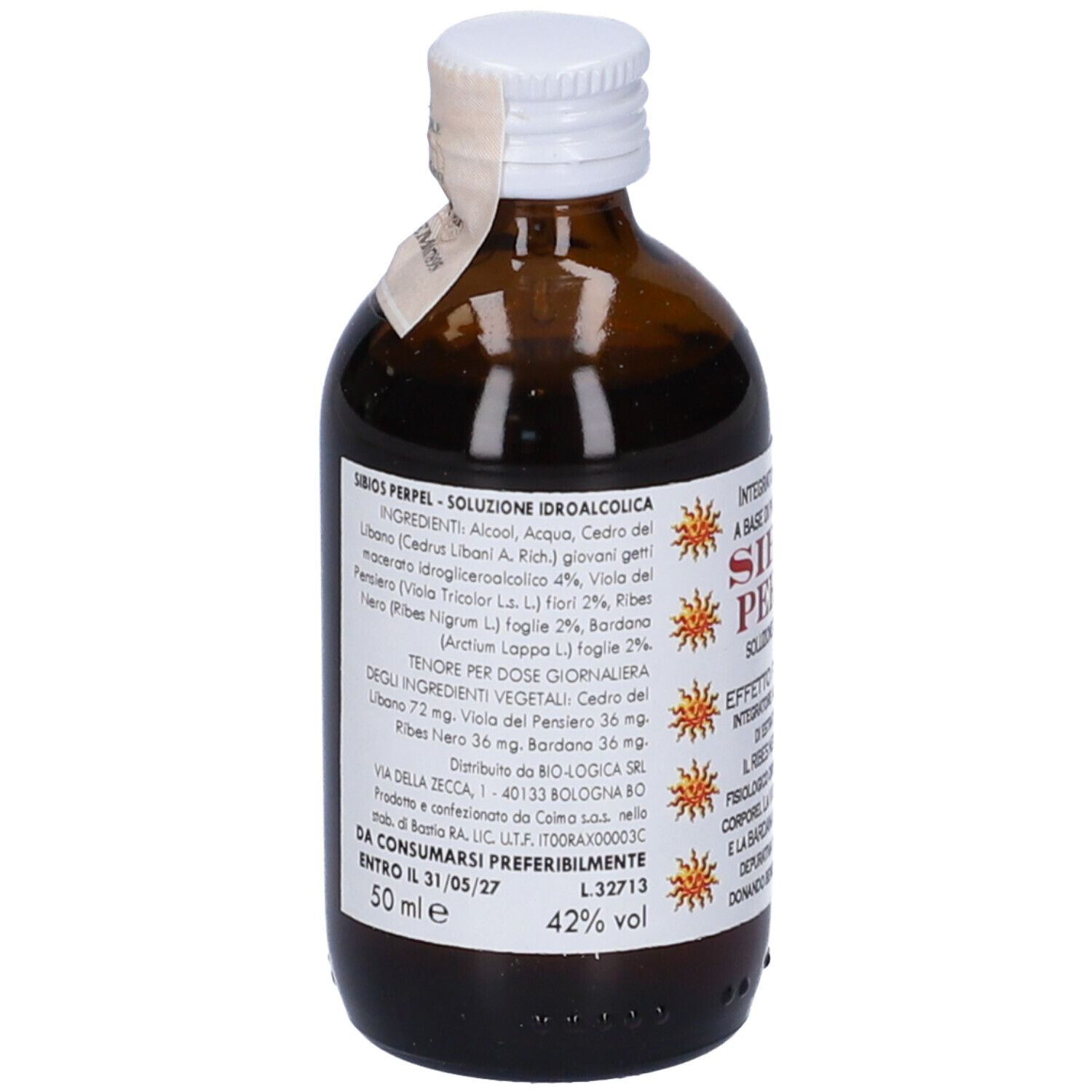 Bottiglia di vetro marrone con tappo bianco. Etichetta con ingredienti, dosaggio e avvertenze. 50 ml.