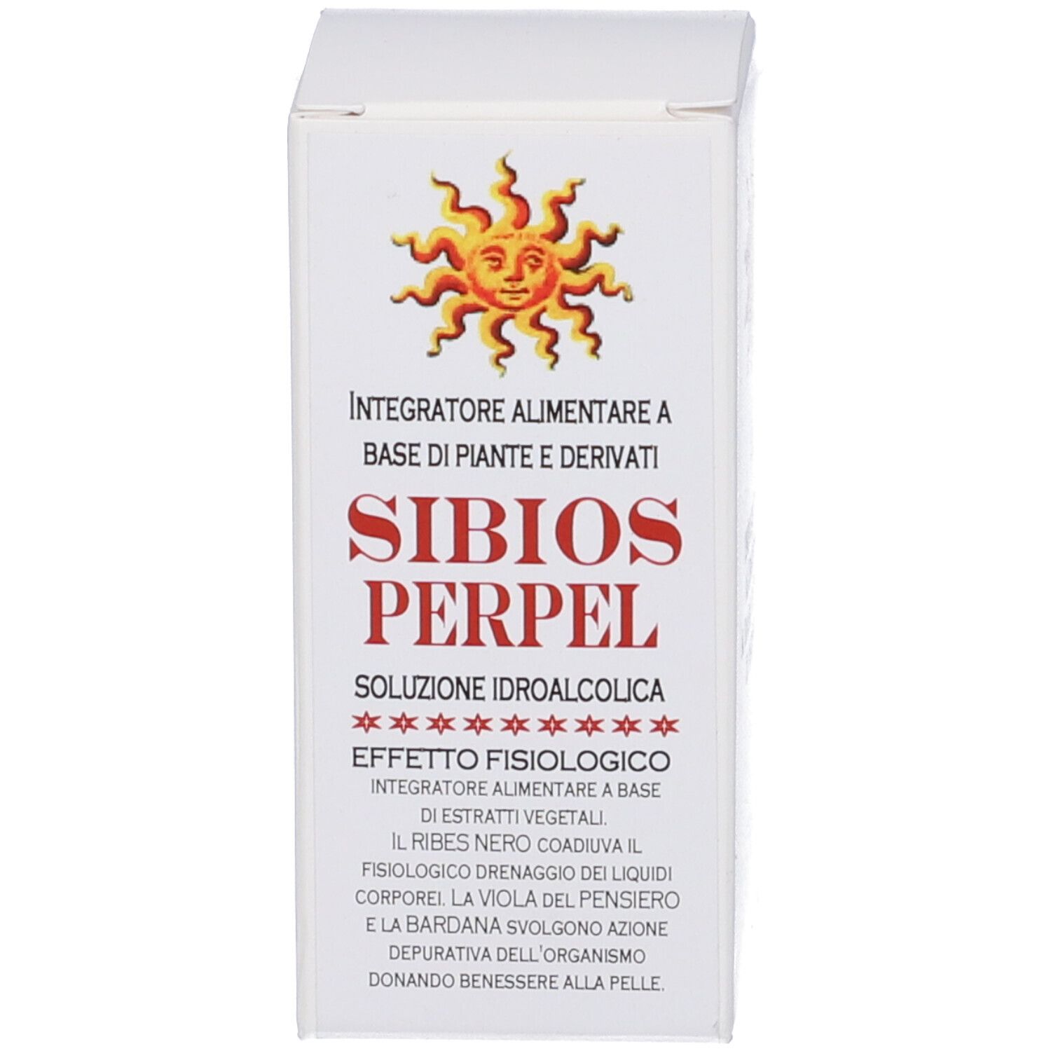 Scatola con nome del prodotto, logo sole e informazioni. Sfondo bianco.