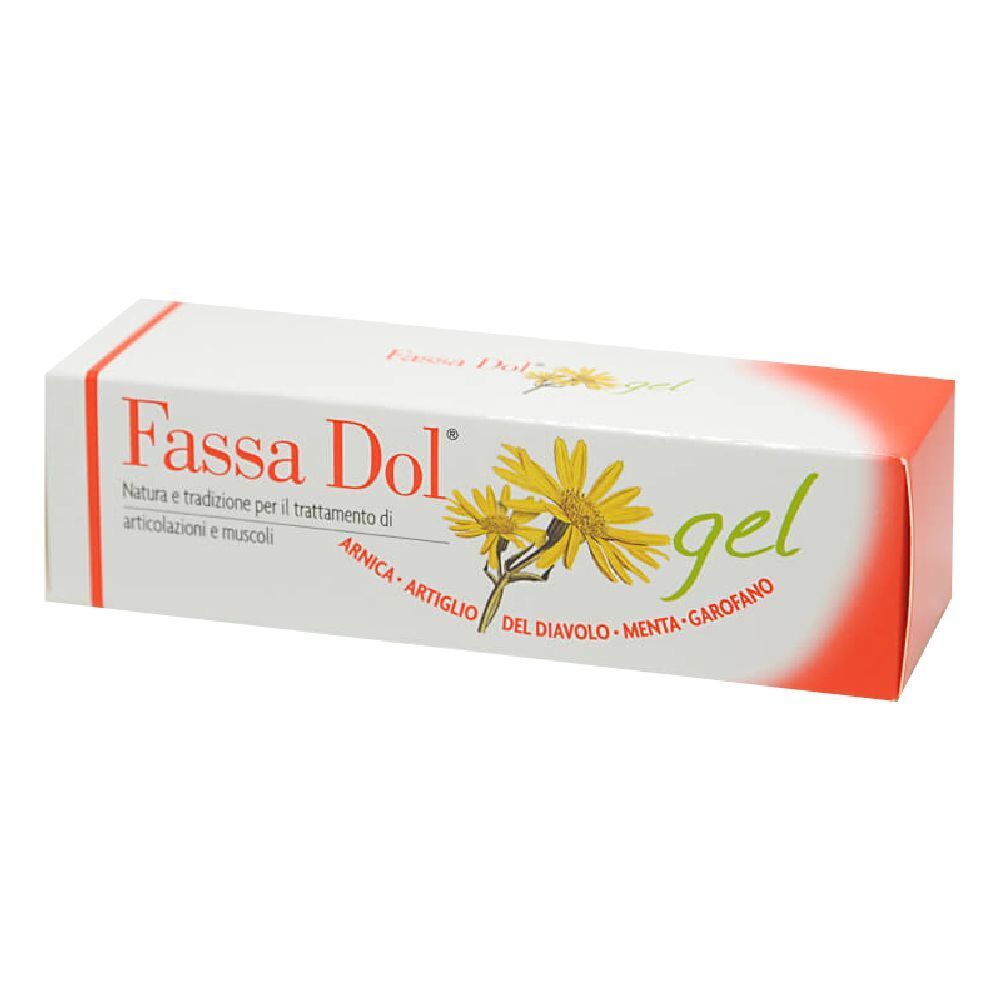 Scatola bianca e arancione con nome prodotto Fassa Dol gel. Fiori gialli e ingredienti illustrati.