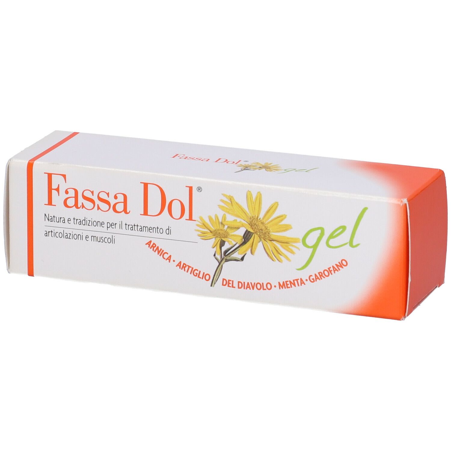 Scatola bianca e arancione con nome prodotto Fassa Dol gel. Fiori gialli e ingredienti illustrati.