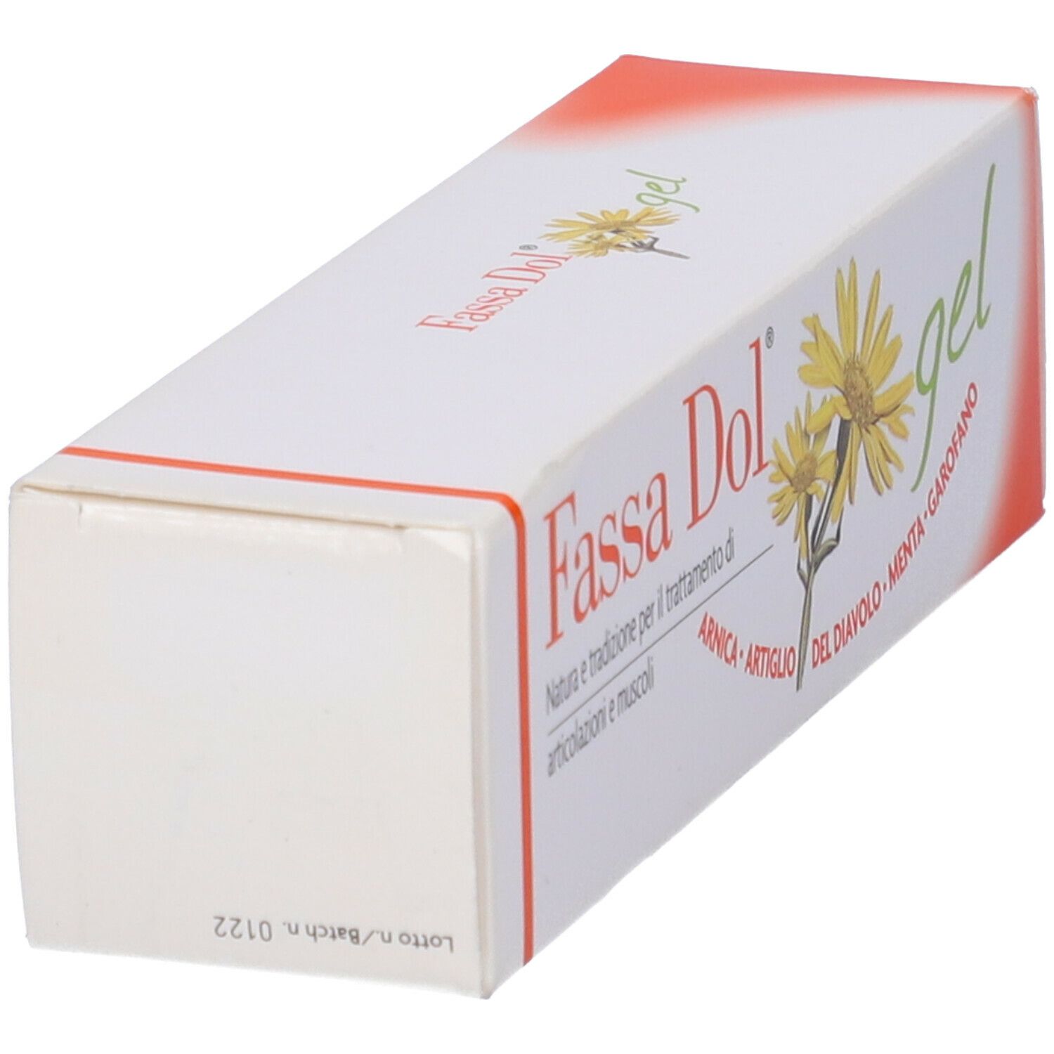 Scatola Fassa Dol gel, bianco-arancio. Vista laterale. Stampa con nome prodotto e ingredienti.