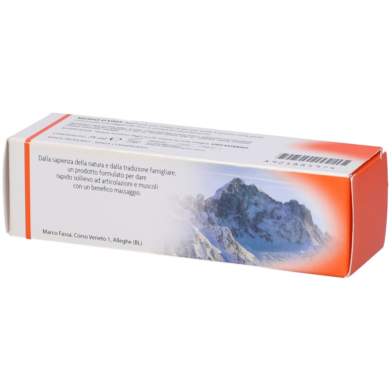 Retro della scatola Fassa Dol gel. Testo e paesaggio montano illustrati. Striscia arancione.