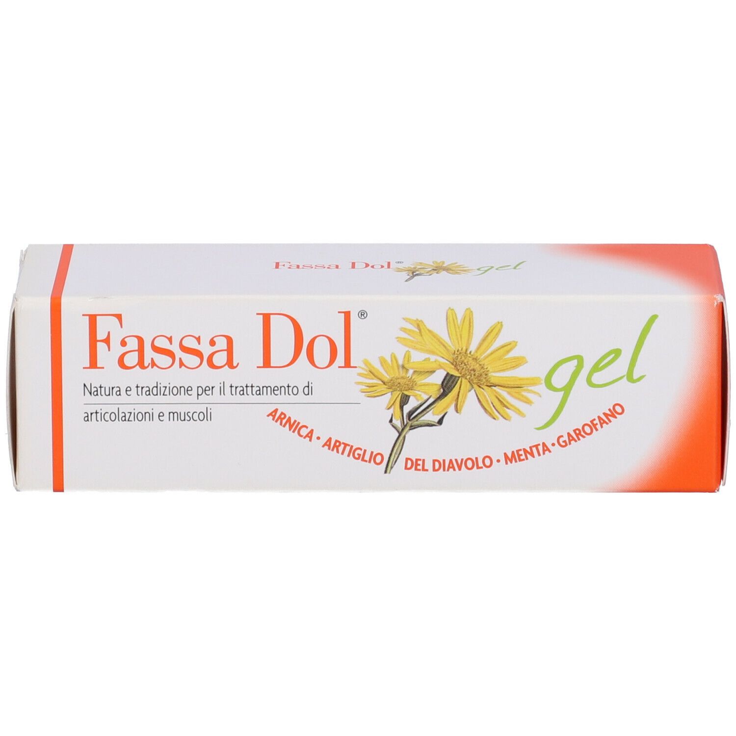 Scatola bianca e arancione con nome prodotto Fassa Dol gel. Fiori gialli e ingredienti illustrati.
