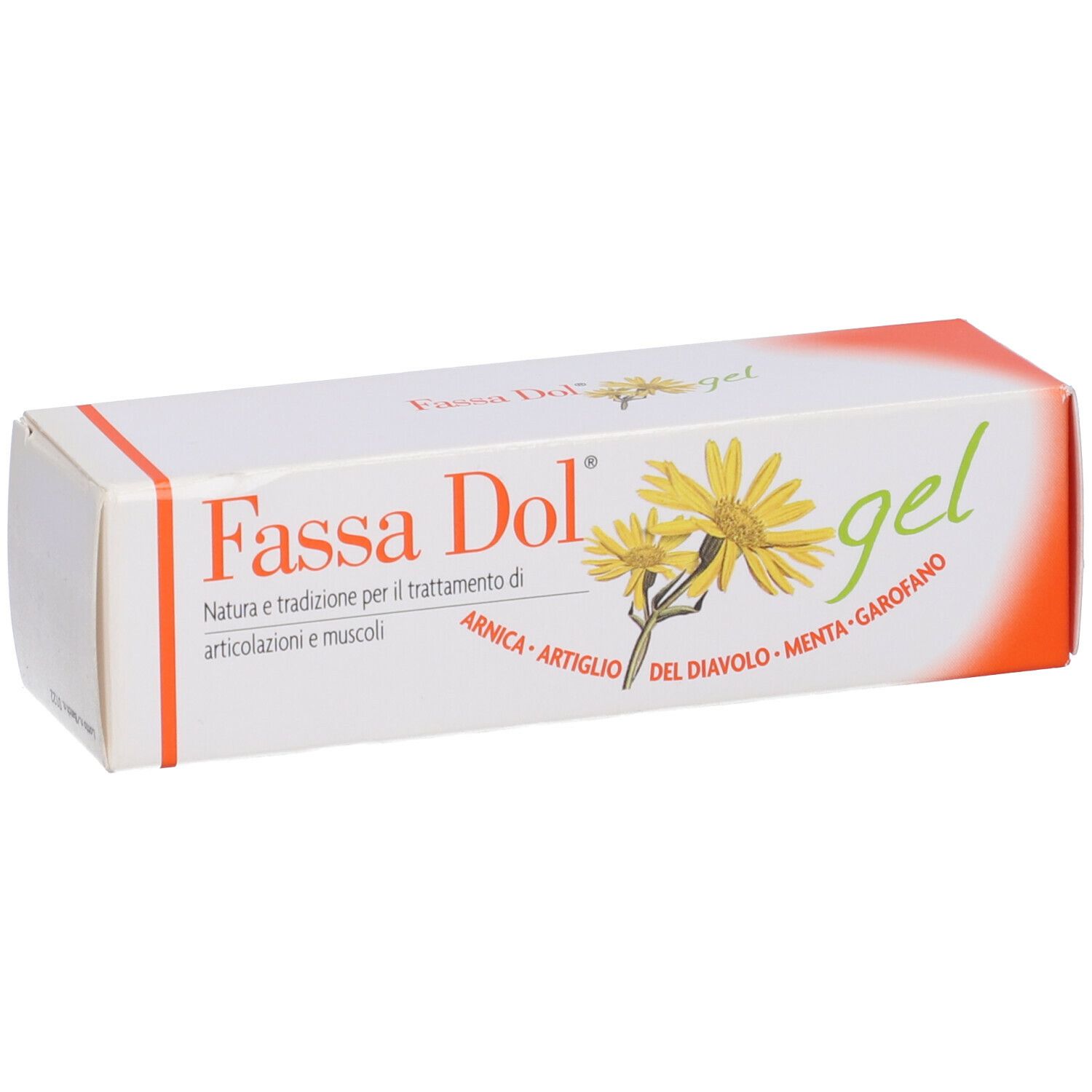 Scatola bianca e arancione con nome prodotto Fassa Dol gel. Fiori gialli e ingredienti illustrati.