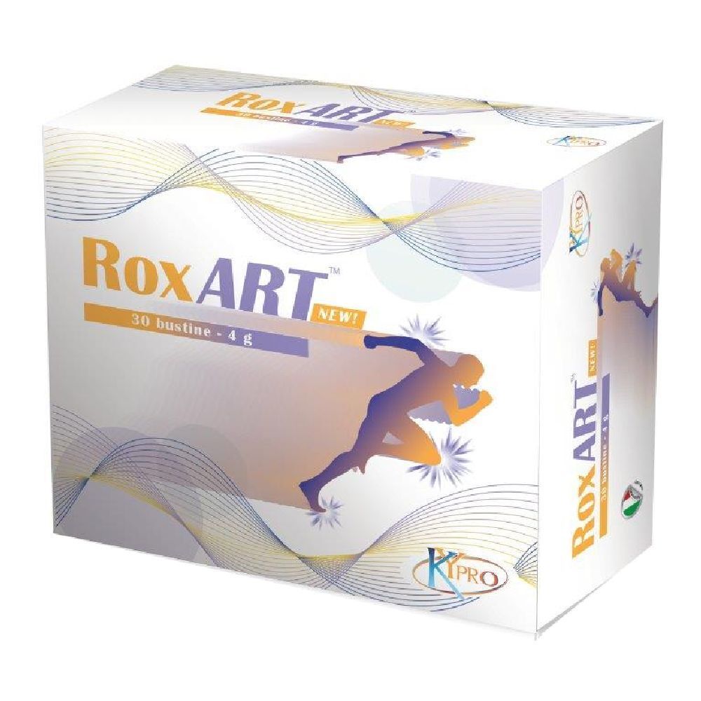 Scatola bianca RoxART con logo e figura di corridore. Contiene 30 bustine. Marchio Kipro.