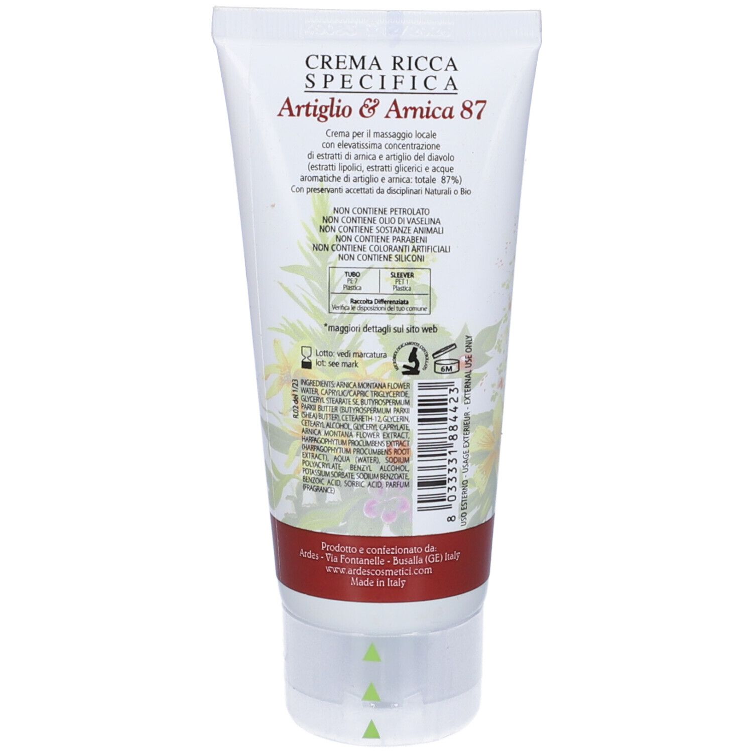 Rückseite der Creme-Tube. Text: Crema Ricca Specifica Artiglio & Arnica 87. Inhaltsstoffe und Herstellerinformationen.