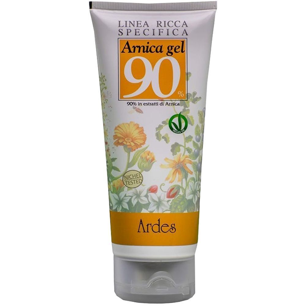 Tubo di crema con etichetta gialla. Scritta: Arnica gel 90. Illustrazioni floreali e logo Ardes.