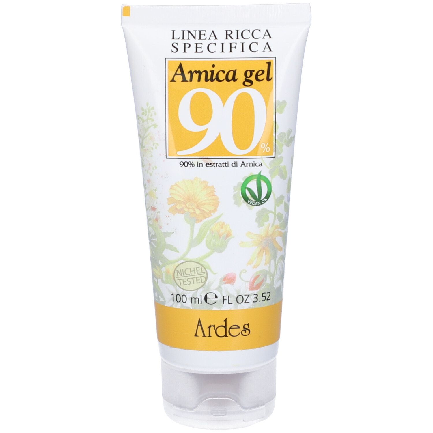 Tubo di crema con etichetta gialla. Scritta: Arnica gel 90. Illustrazioni floreali e logo Ardes. Indicazione del volume.