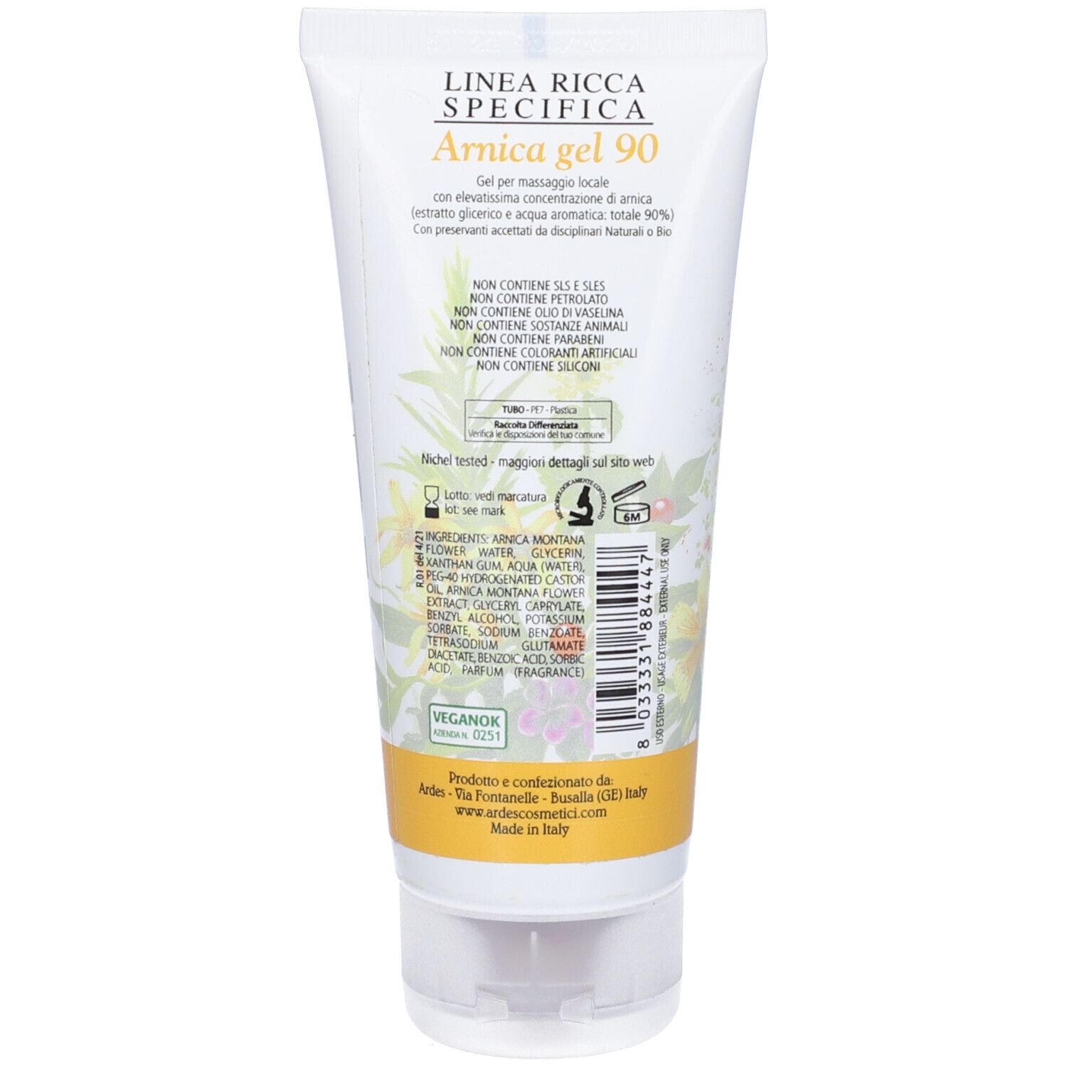 Retro di un tubo di crema. Testo: Arnica gel 90. Ingredienti e informazioni del produttore. Con illustrazioni floreali.