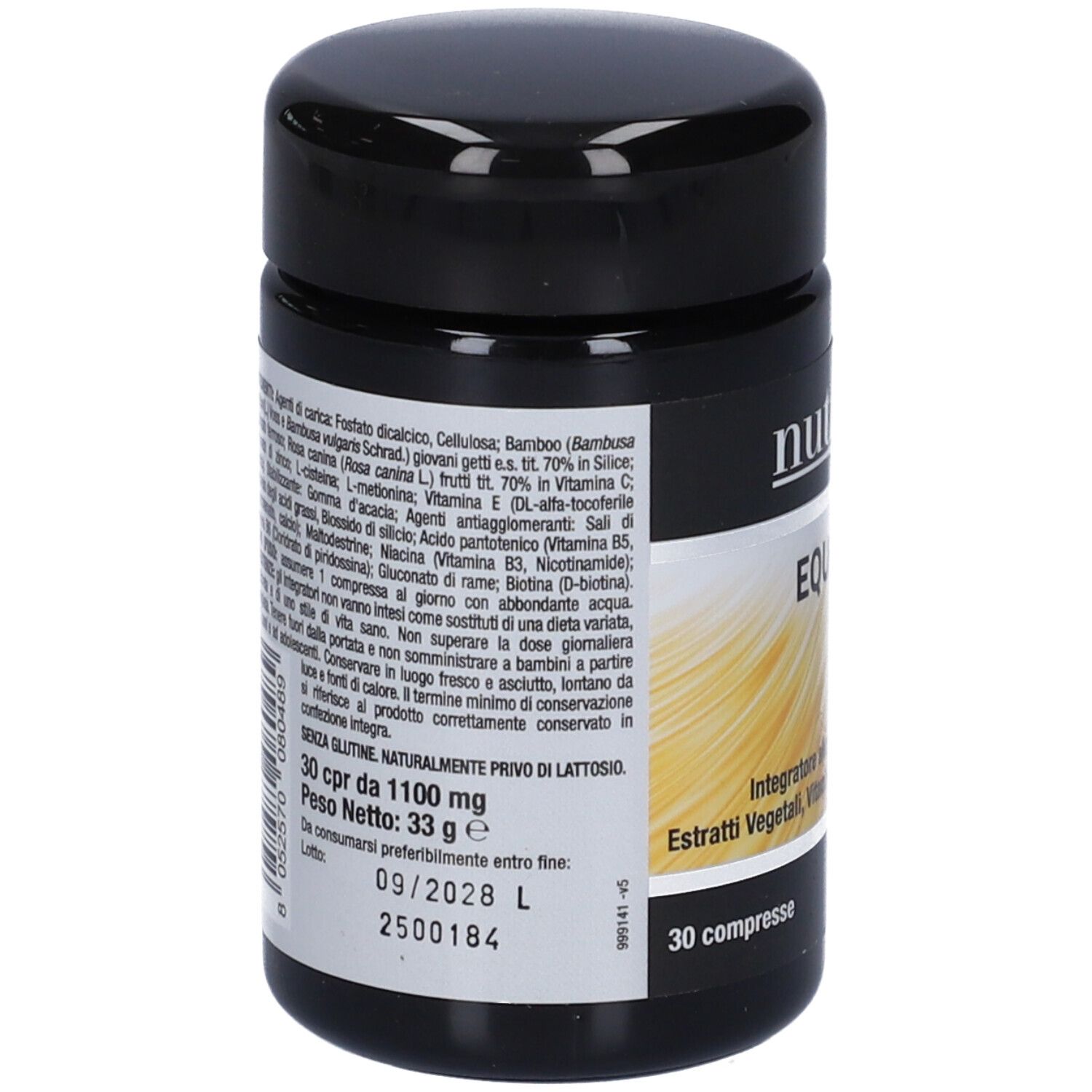 Rückseite der schwarzen Dose. Enthält detaillierte Inhaltsangaben und Verfallsdatum. 30 Tabletten, 33g.