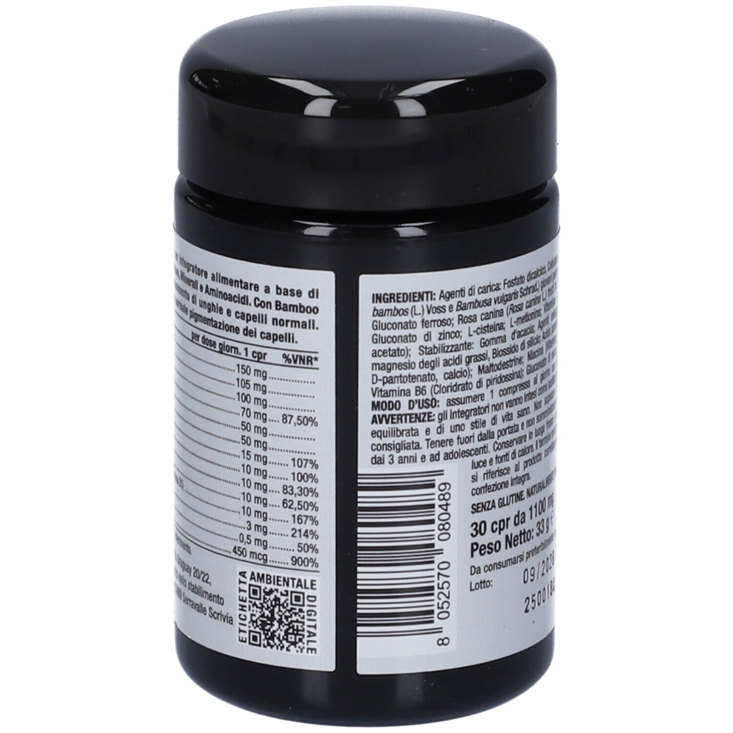 Dose mit Inhaltsangaben und Nährwerttabelle. Enthält 30 Tabletten. Mit QR-Code.
