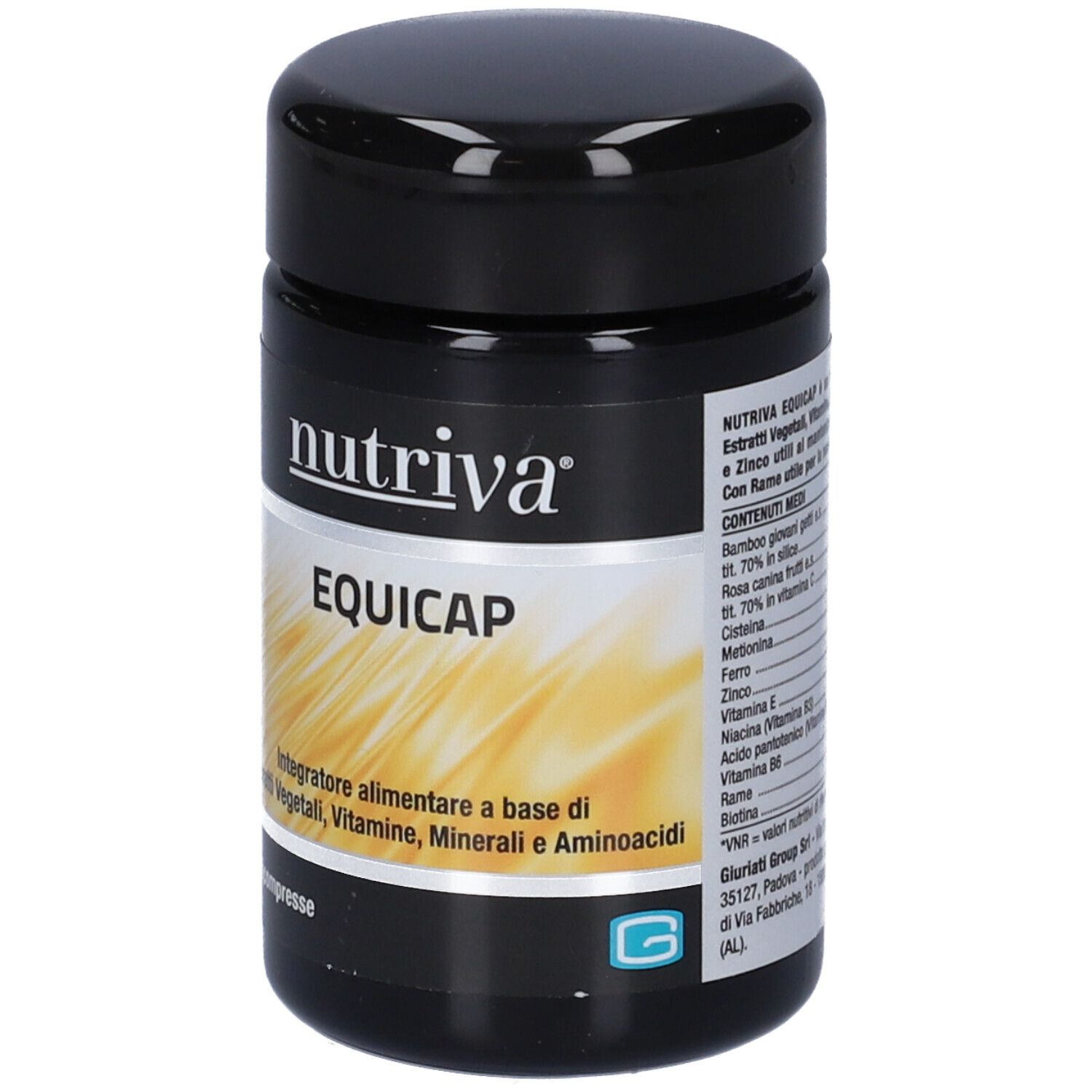 Schwarze Dose mit weißem Etikett. Aufschrift: nutriva® EQUICAP. Enthält 30 Tabletten. Mit Inhaltsangaben.