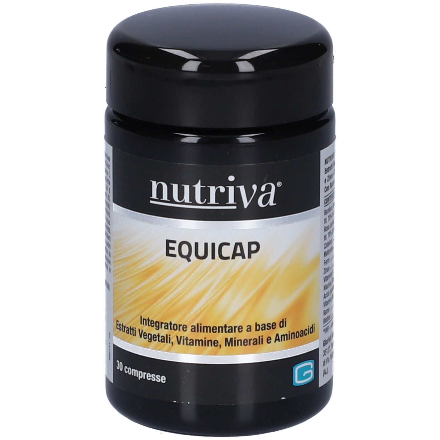 Schwarze Dose mit weißem Etikett. Aufschrift: nutriva® EQUICAP. Enthält 30 Tabletten. Mit Inhaltsangaben.