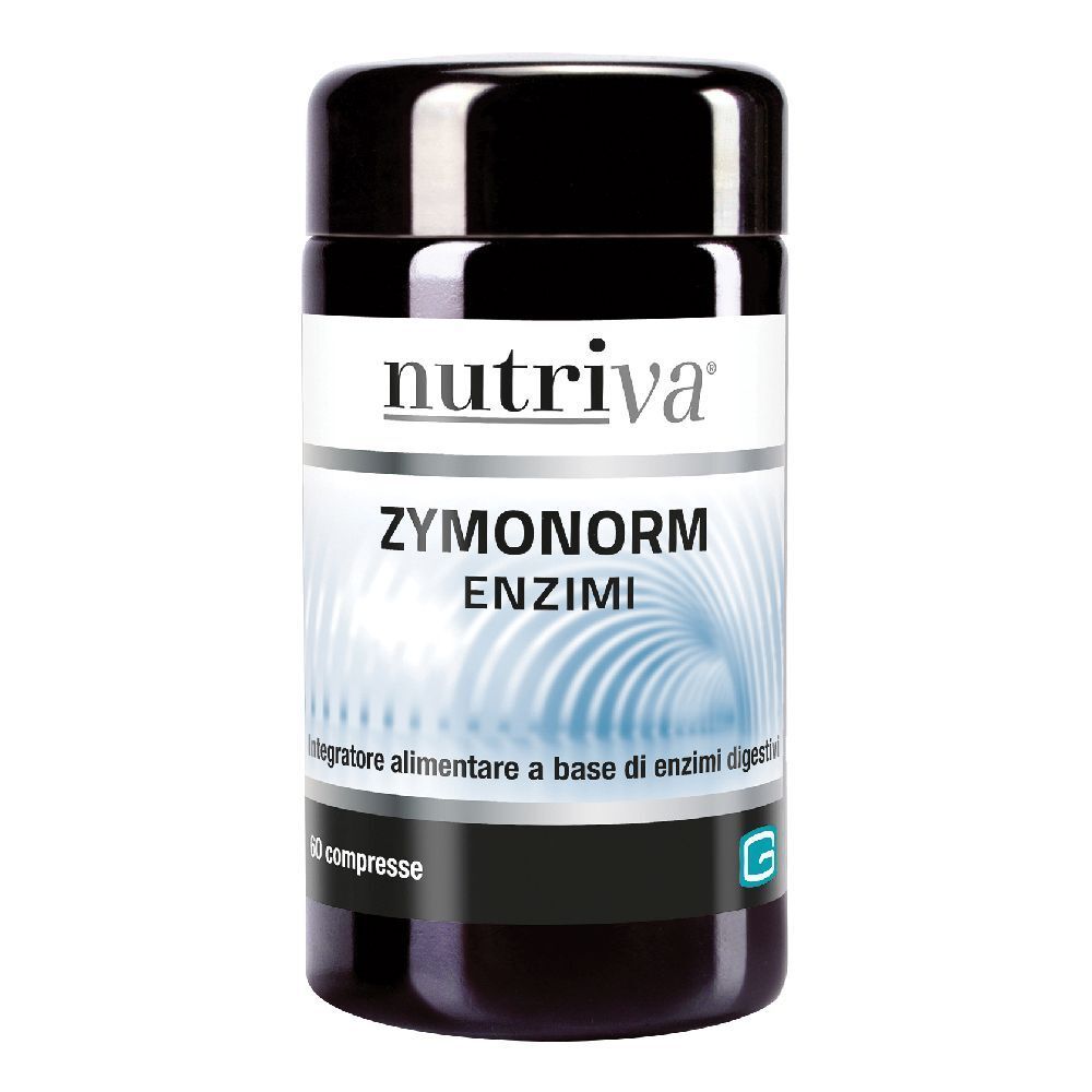 Barattolo nero con etichetta bianca. Scritta: Nutriva Zymonorm Enzimi. 60 compresse. Logo verde.