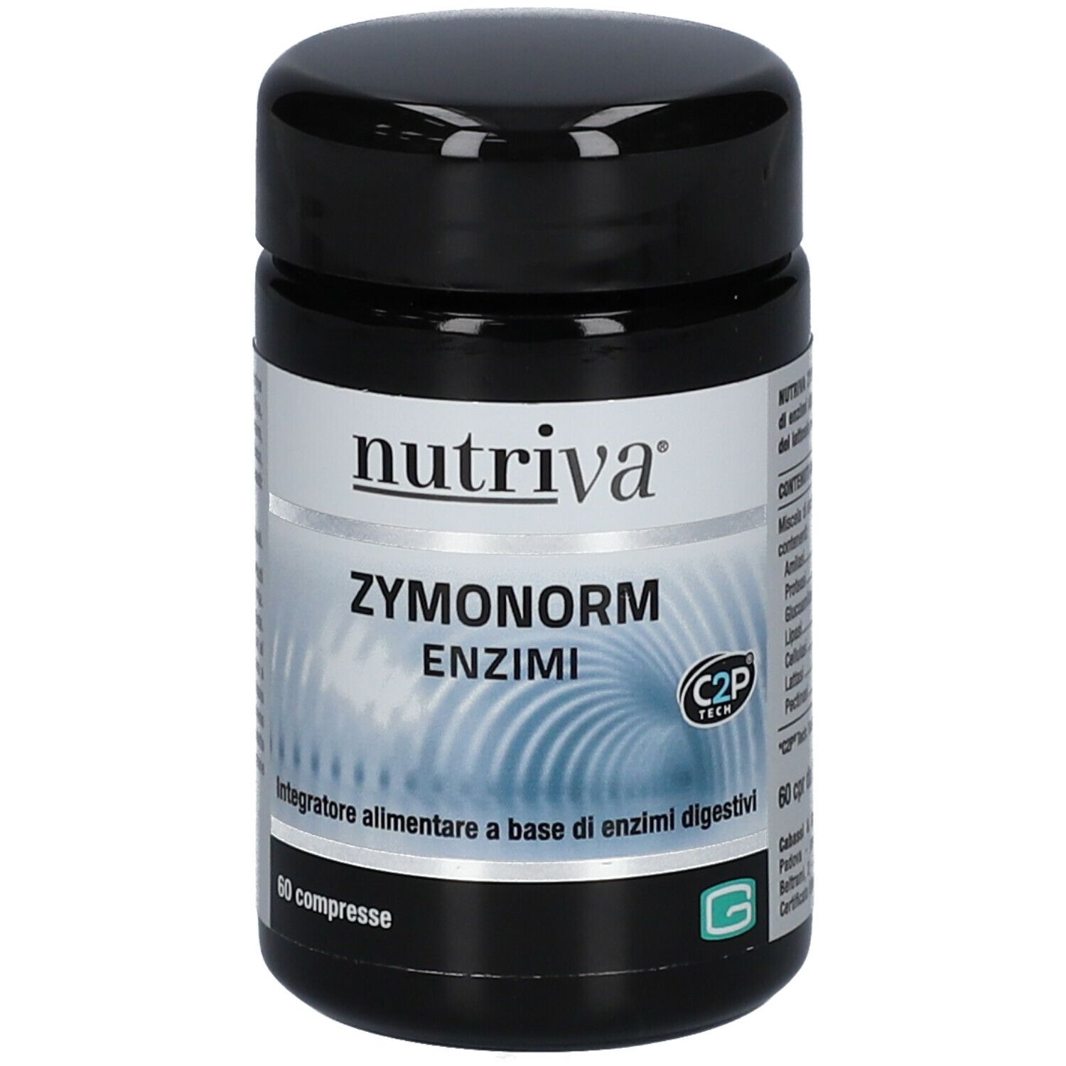 Barattolo nero con etichetta bianca. Scritta: Nutriva Zymonorm Enzimi. 60 compresse. Logo C2P Tech.